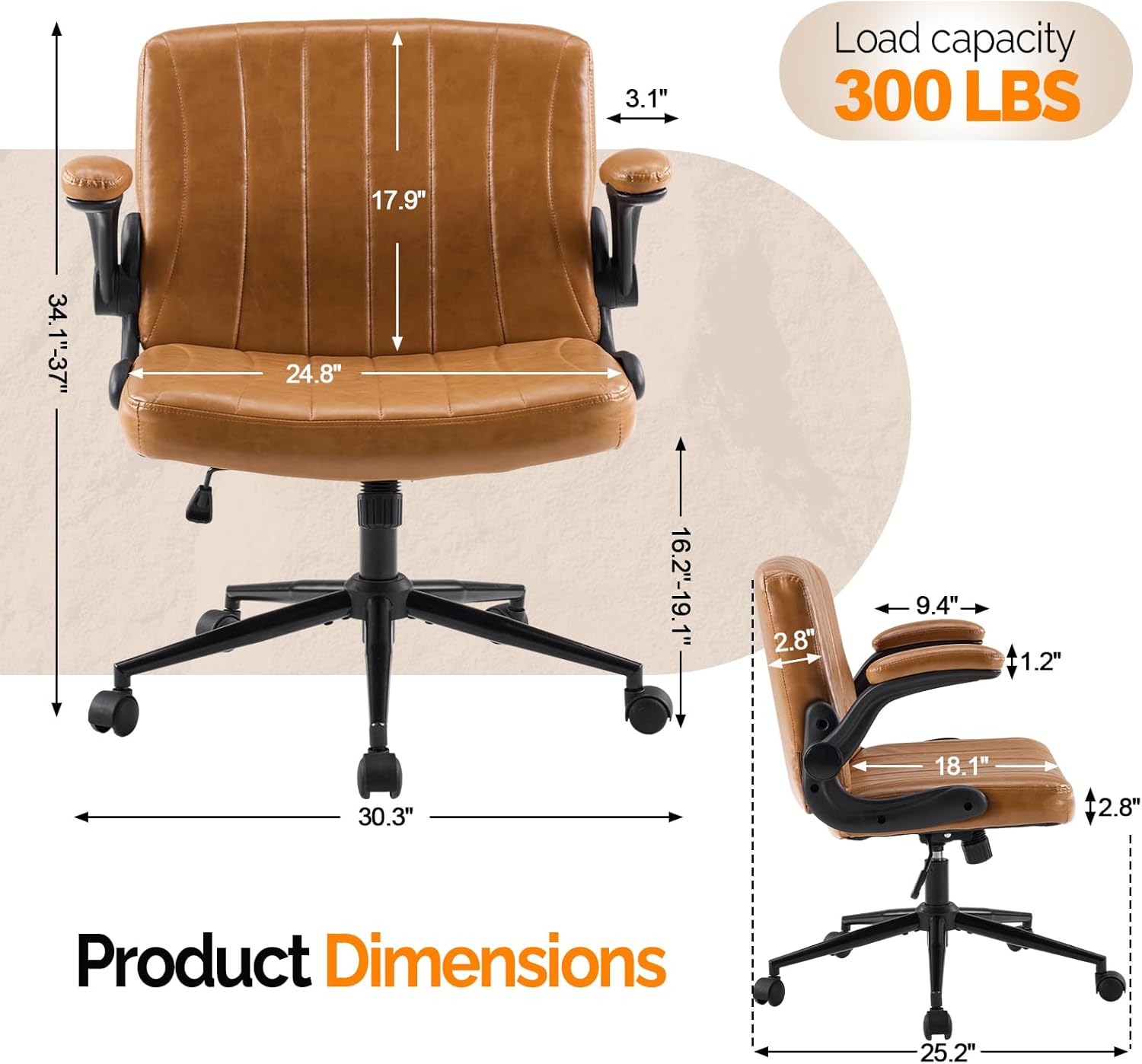 VINGLI Criss Cross Chair with Adjustable Flip-Up Arms,Cross Legged Chair with Wheels, Extra Wide Office Chair,Comfortable Desk Chair for Home Office, Vanity, Bedroom,PU Leather,Clay