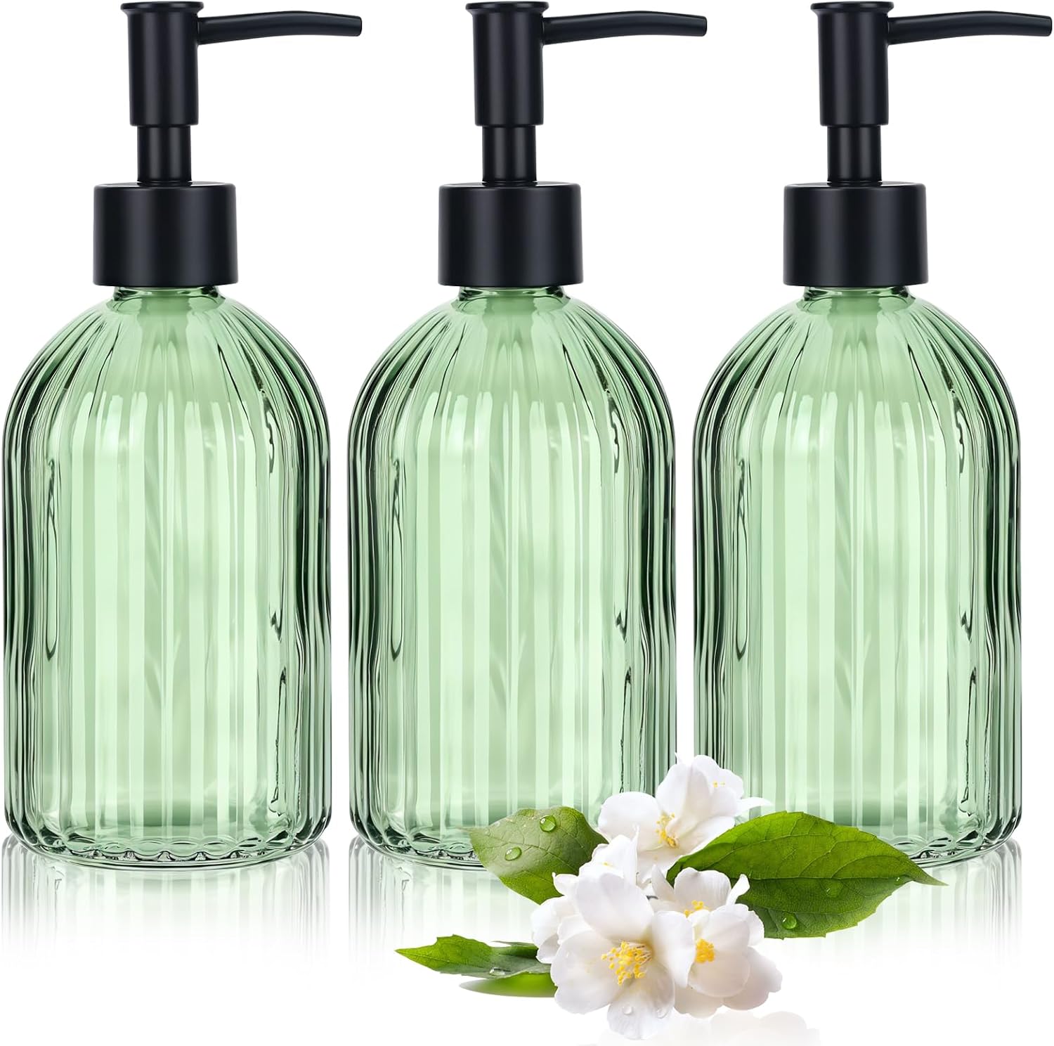 3 Pack Green Glass Soap Dispenser Set with Black Pump, 13.5oz Refillable Liquid Soap Dispenser, Premium Lotion & Dish Soap Bottle for Kitchen, Bathroom Vanity, Hotel Decor