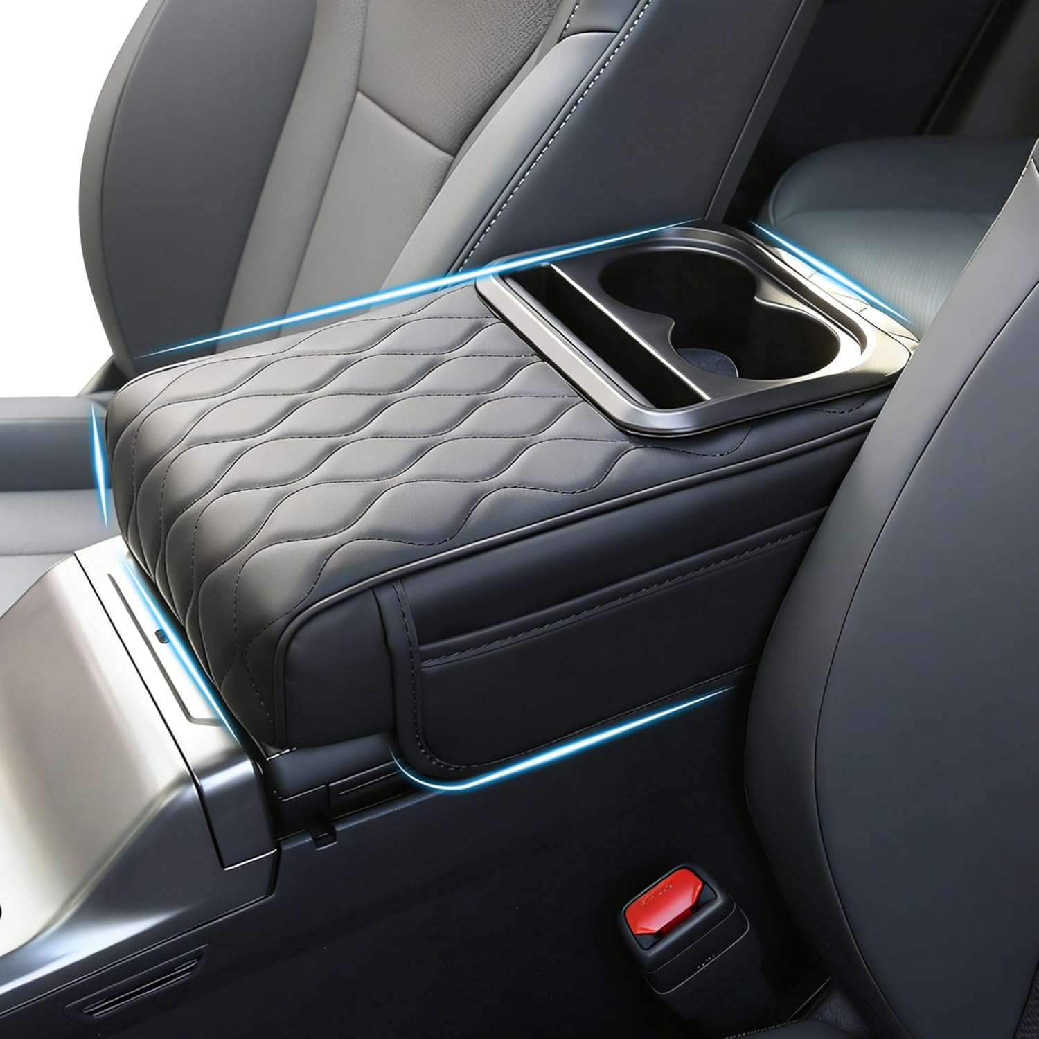 Upgraded Heightening Cup Holder Car Center Console Cover, Leather Car Armrest Cover Cushion with 2 Storage Bags,Car Armrest Storage Box Interior Accessories for Most Vehicles (Black)