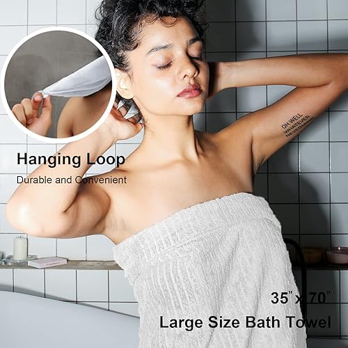 Miniatura 4 de Juego de 4 toallas de baño grandes a rayas blancas, toallas de baño de gran tamaño, súper suaves, transpirables, gigantes, altamente absorbentes, de