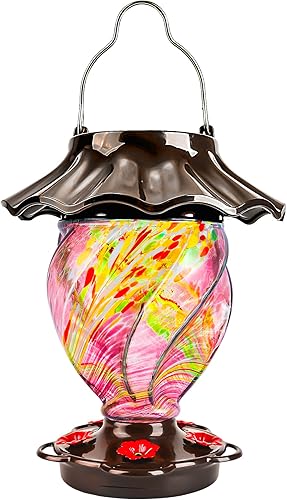 LUJII Alimentador solar para colibríes que cambia de color para colgar al aire libre, vidrio soplado a mano, 35 onzas líquidas, nunca gotea,