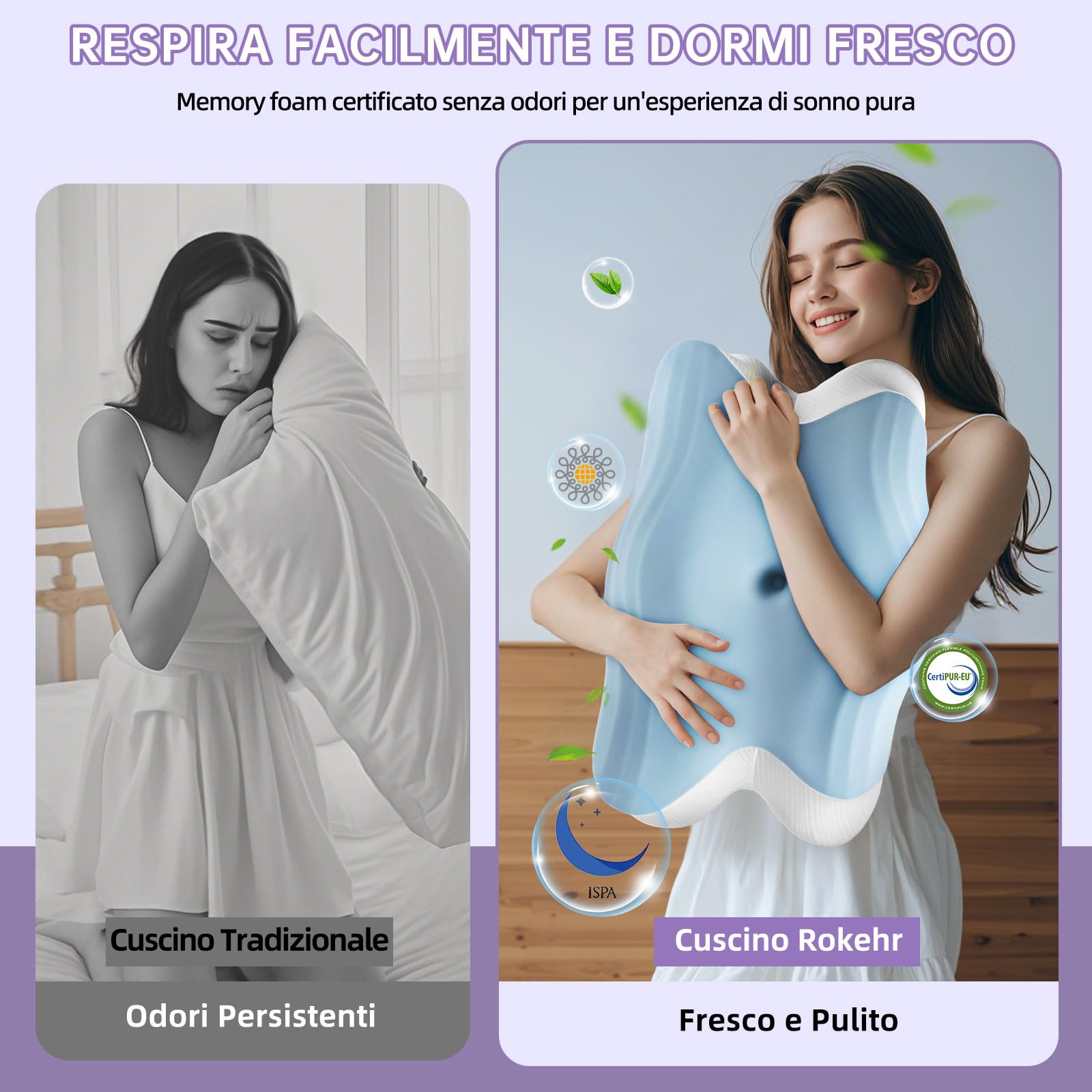 Cuscino Cervicale per Dormire, 2 in 1 Cuscino Cervicale Ortopedico, Cuscino Memory Foam, Cuscini Ergonomico Cervicale, Guanciale Cervicale per Dormitori Laterali, Supini e Proni