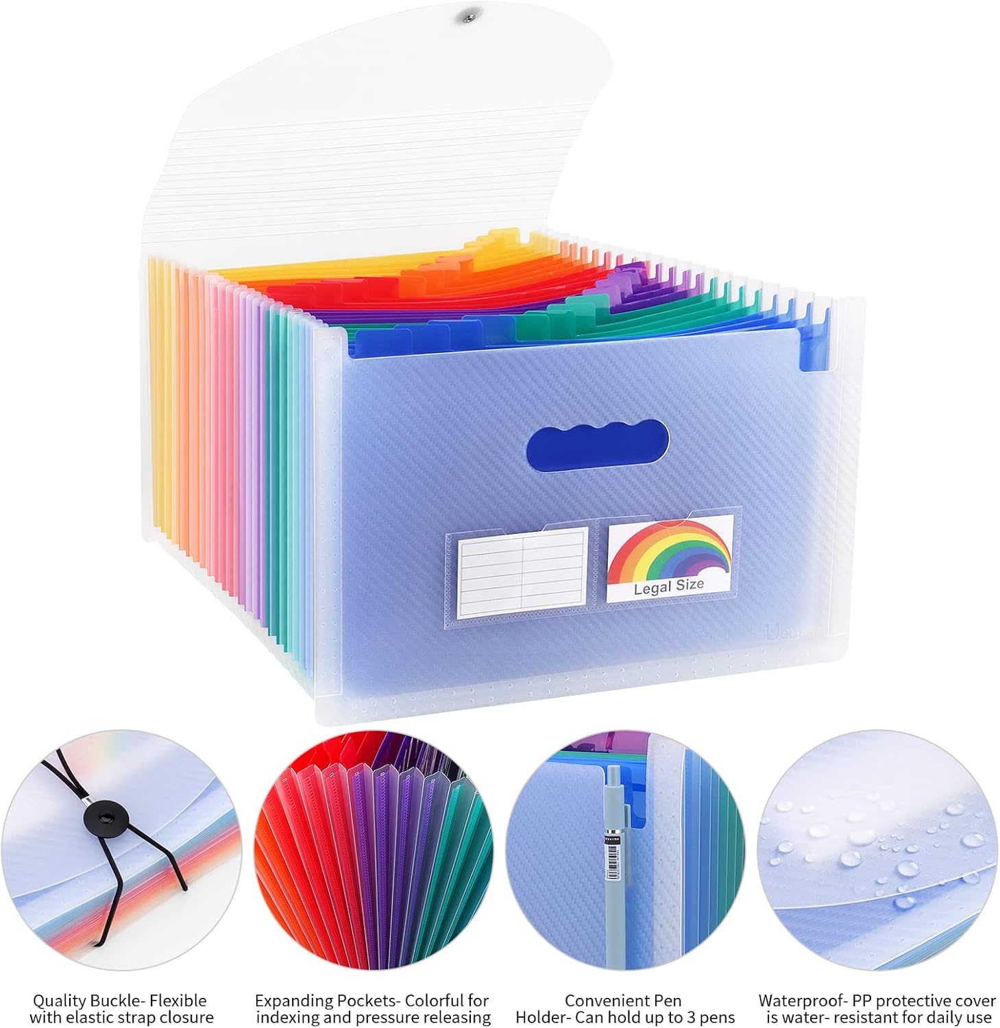 Uquelic Accordion File Organizer, Legal File Folder with 24 Pockets, Expanding File Folder with Color Index& Elastic Strap, A4 Document Folder for Receipt, Bills, Important Documents (Clear)