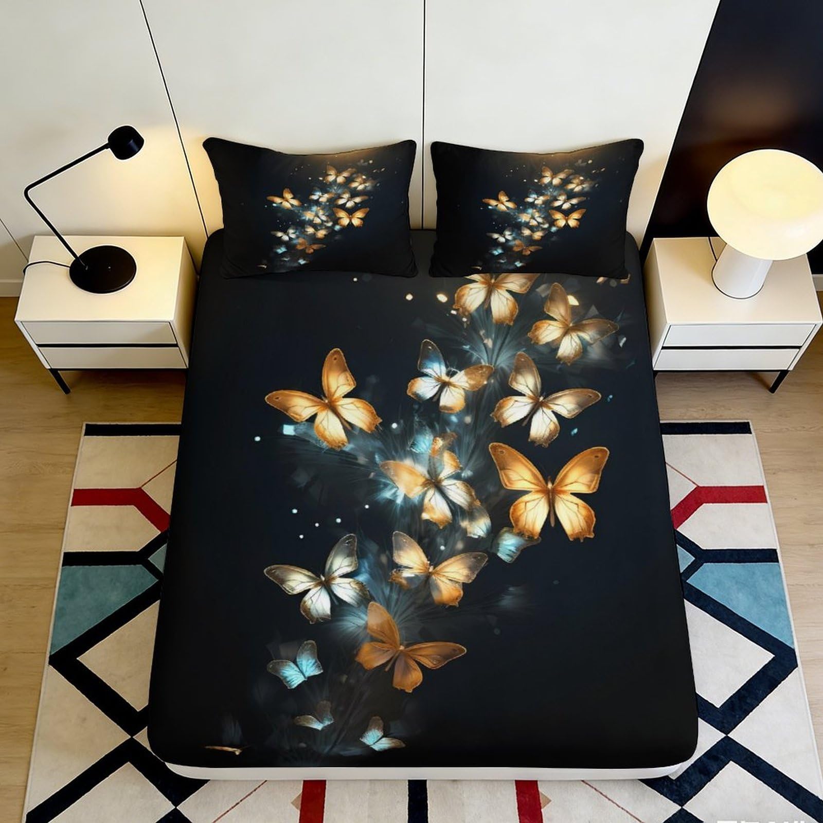 3D Printed Butterfly Fitted Sheet Microfiber Deep Pocket Bedroom Non-Slip Butterfly Mattress Fitted Cover Washable 200x200x25cm 90x200x25cm