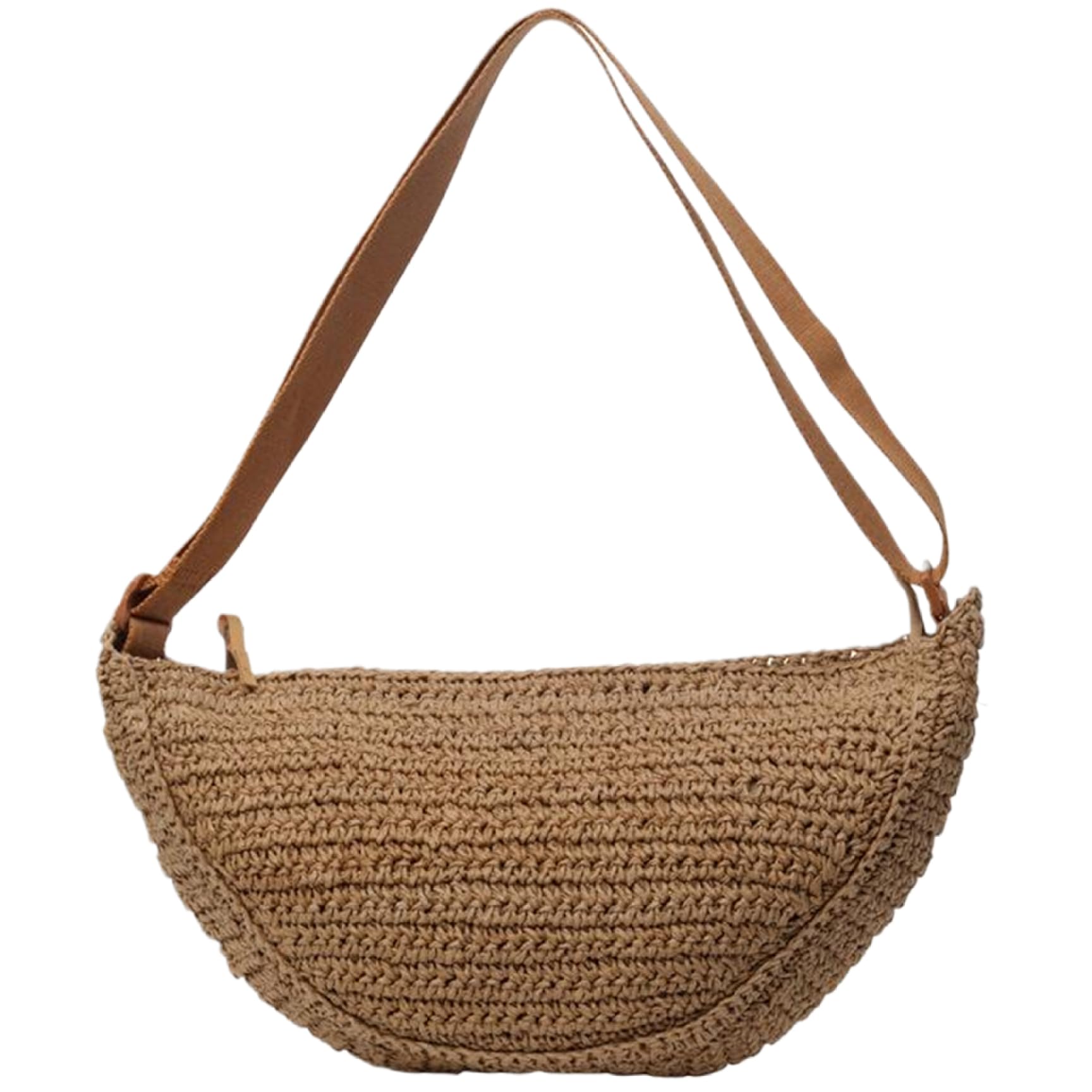 Pesoncarl Straw Bag Chic Half Moon Bag 13x3.5x8.7 Shoulder Beach with Adjustable Strap Crossbody Woven Summer Bags with Zipper for Women Beach Rattan Handbag Khaki