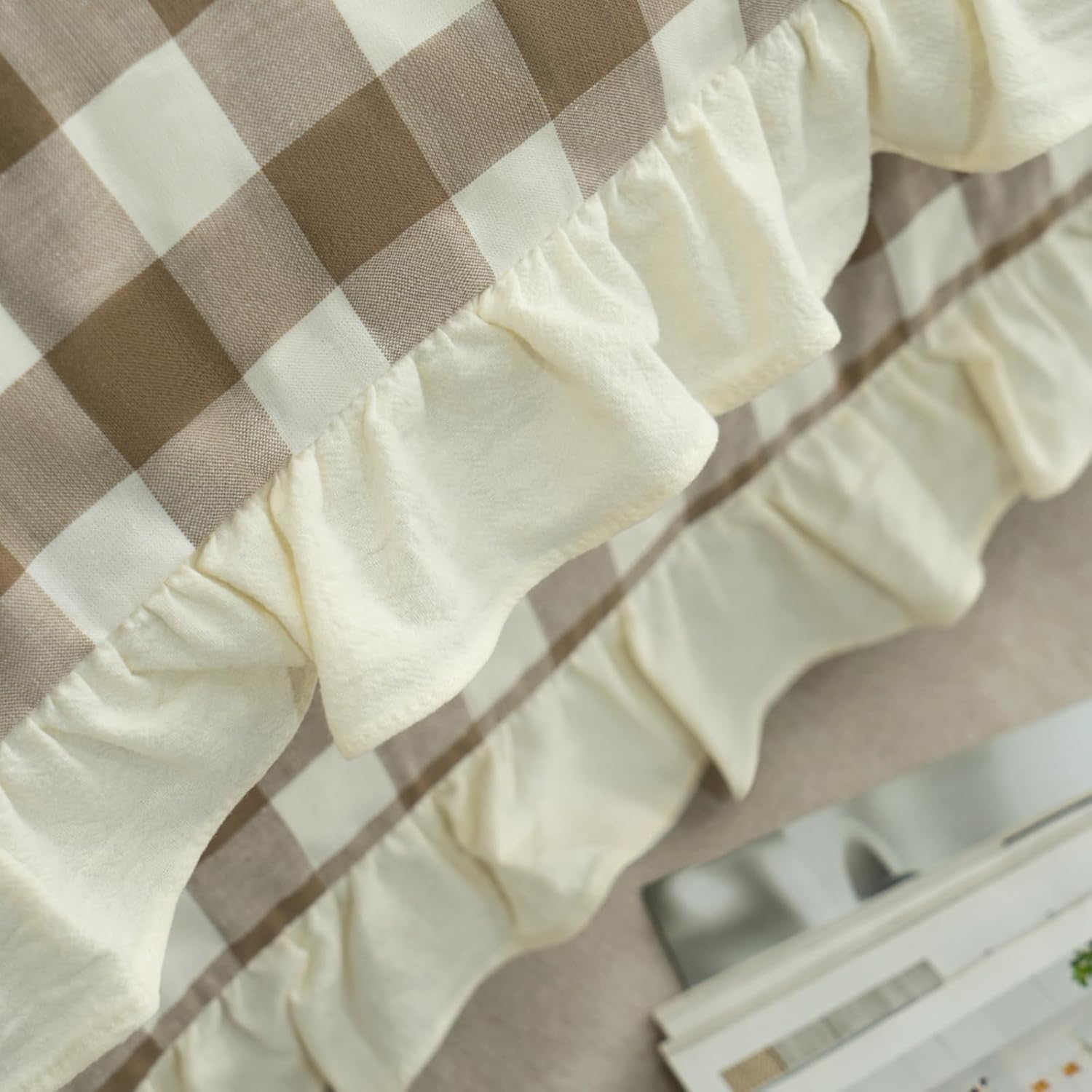 Pillow Shams Set of 2 Yarn-Dyed Pure Cotton Retro Ruffle Flounces Trim Brown Check Decorative Pillow Cases for Home Bedroom Decor King 20x36 Inch