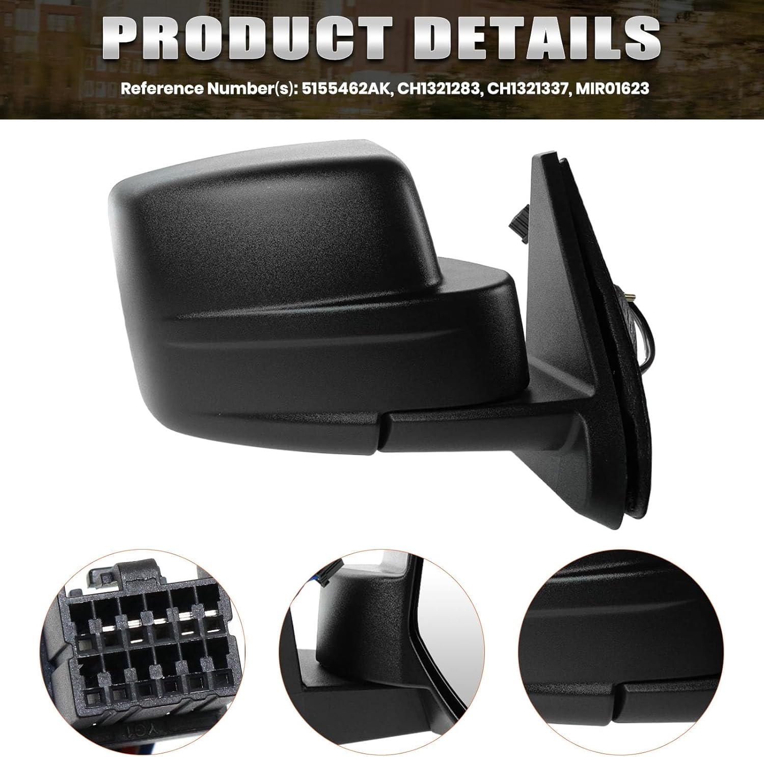 Right Passenger Side Mirror Compatible with Jeep Patriot 2007-2017 Power Glass Manual Folding Heated 5 Pins (Black)