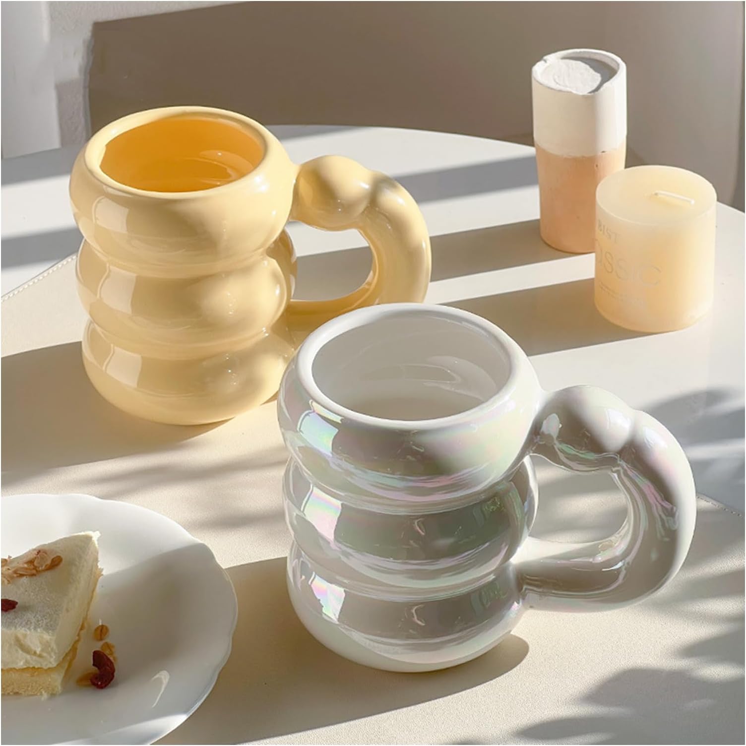 Maygone 2pcs Cute Ceramic Mugs Coffee Cups Circle Bubble Coffee Cups Set Breakfast Milk Juice Tea Handle Cup for Women Girls Drinking,(White and Yellow)