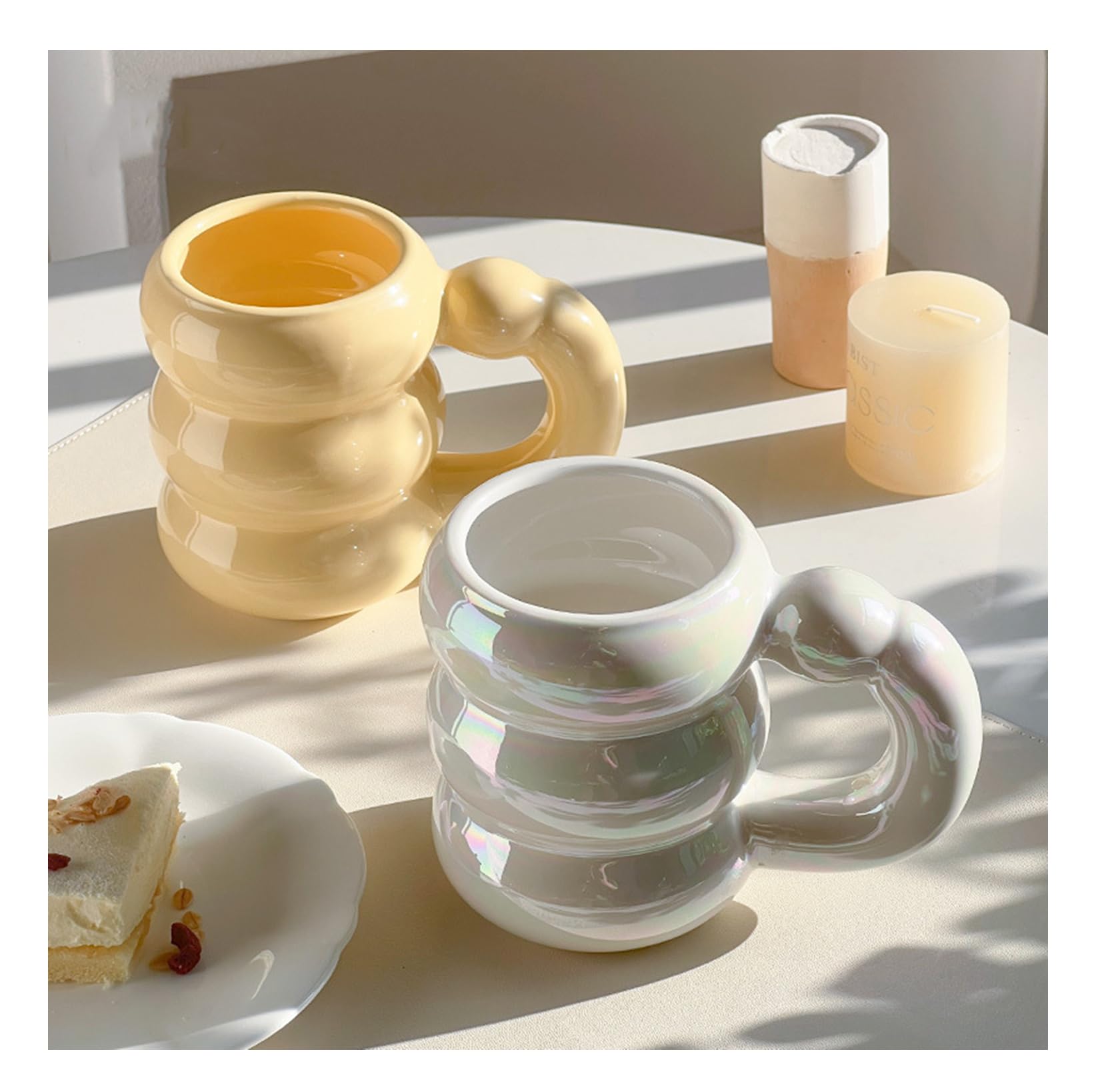 Maygone 2pcs Cute Ceramic Mugs Coffee Cups Circle Bubble Coffee Cups Set Breakfast Milk Juice Tea Handle Cup for Women Girls Drinking,(White and Yellow)