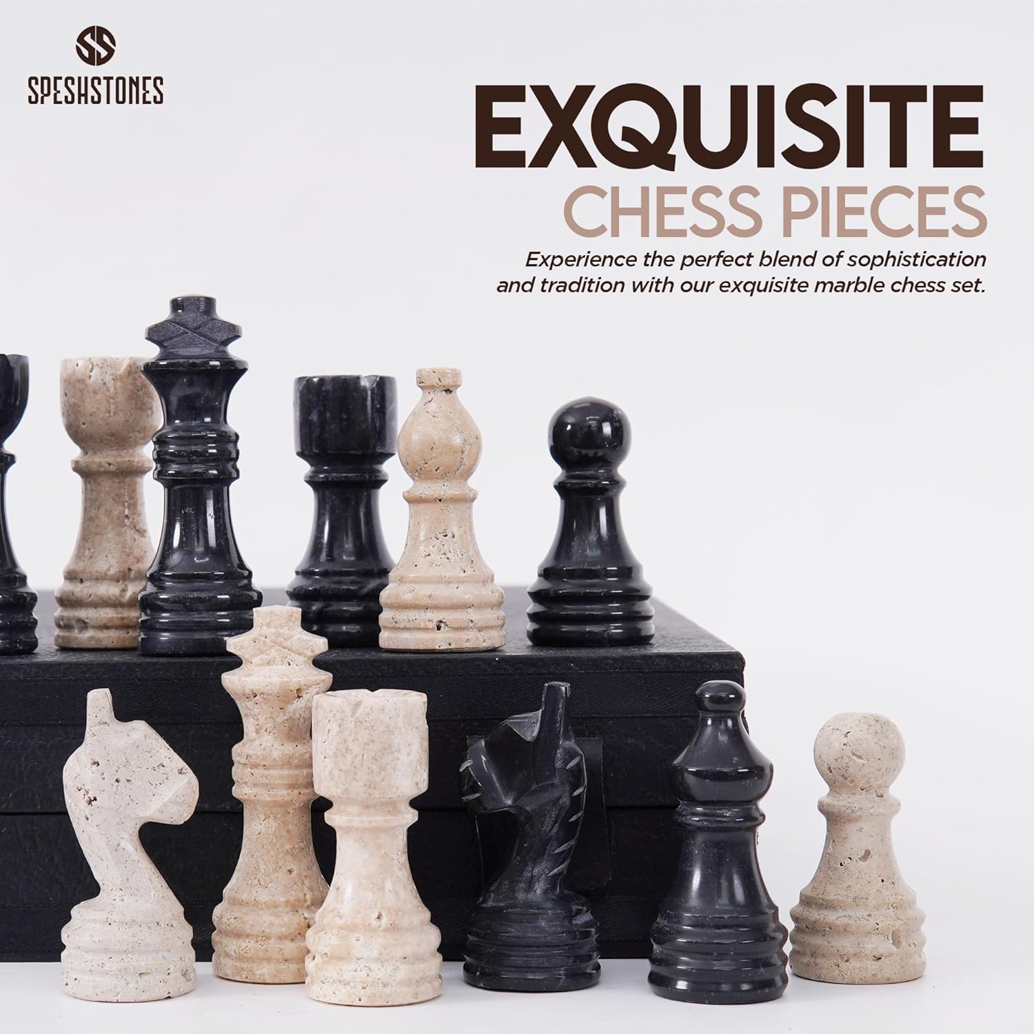 SPESHSTONES Scacchiera in marmo per adulti, 30,5 cm, realizzata a mano in nero e travertino, con scatola portaoggetti, ideale per i viaggi, con 32 pezzi e 2 regine extra