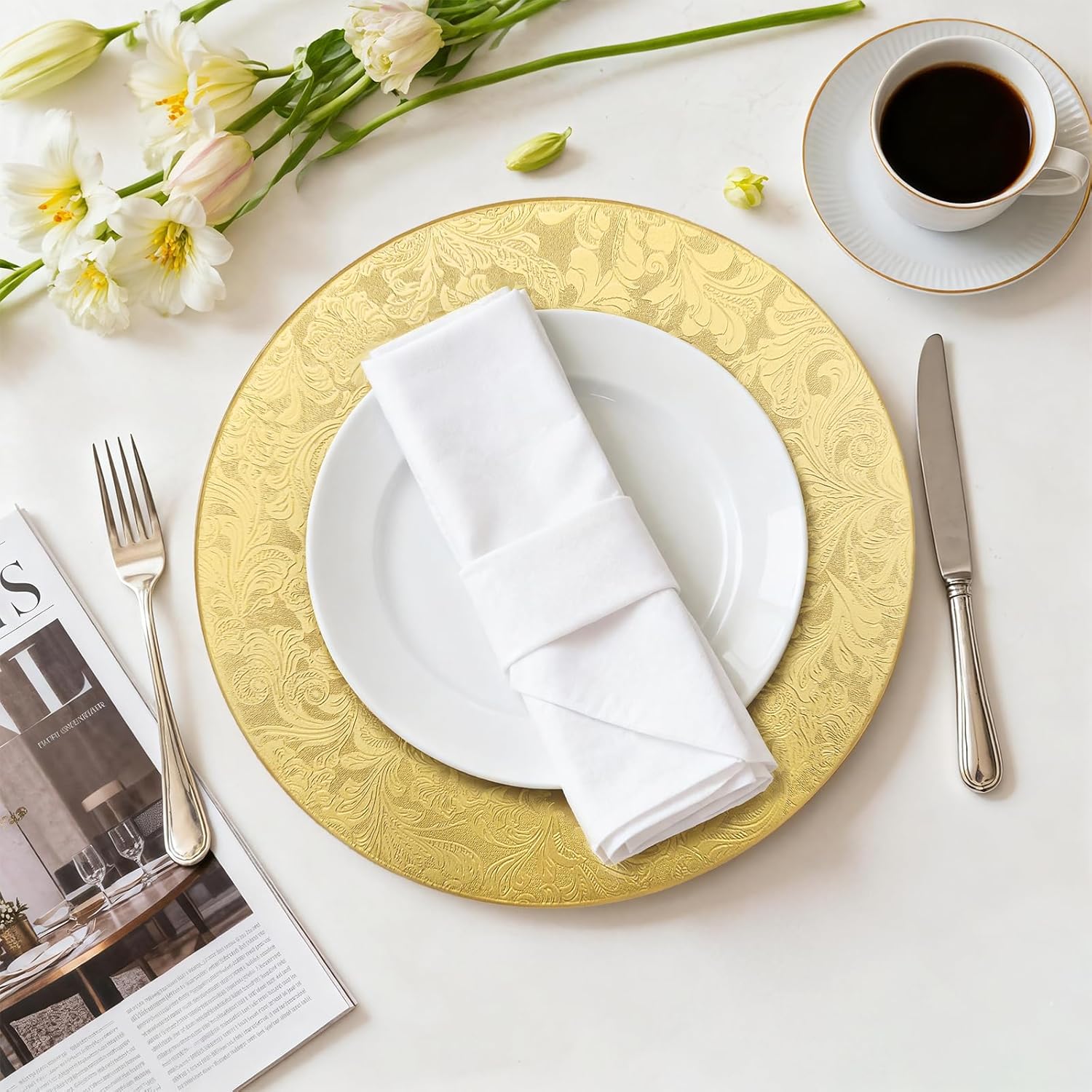 Vintage Gold Charger Plates Bulk 66-Pack 13" – Heavy-Duty Reusable & Disposable Plastic Dinner Chargers, Floral Scroll Textured Rim for Wedding Reception Birthday Banquet Fine Dining Table Decor