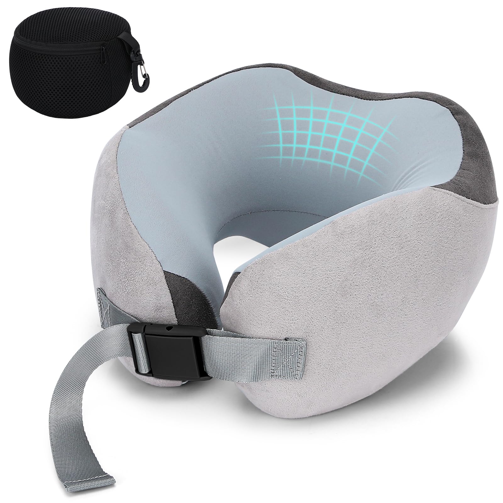 Euqvunn Travel Pillow for Airplane, Memory Foam Neck Pillow for Travel, Soft & Adjustable & Compact Ice Silk Flight Pillow for Adults, Ergonomic Travel Neck Pillow, with Storage Bag(Gray)
