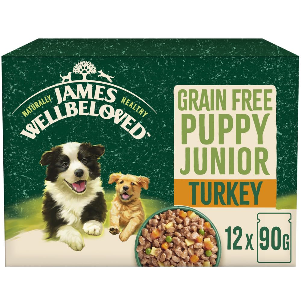 12 x 90g James Wellbeloved Grain Free Puppy Wet Dog Food Pouches Turkey in Gravy