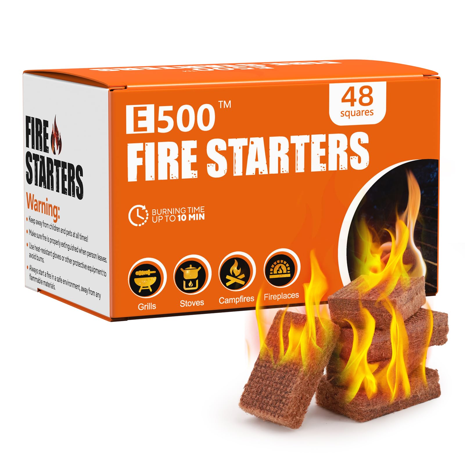 Fire Starter for Fireplace, Campfires, Fire Pits, BBQ, Grills, Larger Charcoal Fire Starter Squares, 48-Count Firestarter