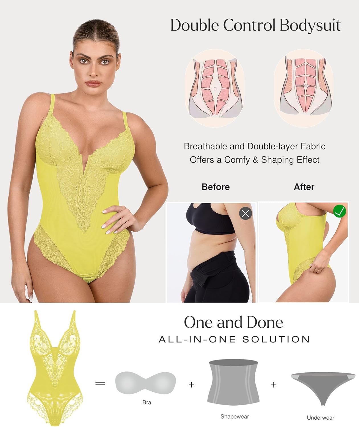 Popilush Shapewear Bodysuits for Women Lace Corset Tops Tummy Control V Neck Sleeveless Body Suit Thongs - Image 2