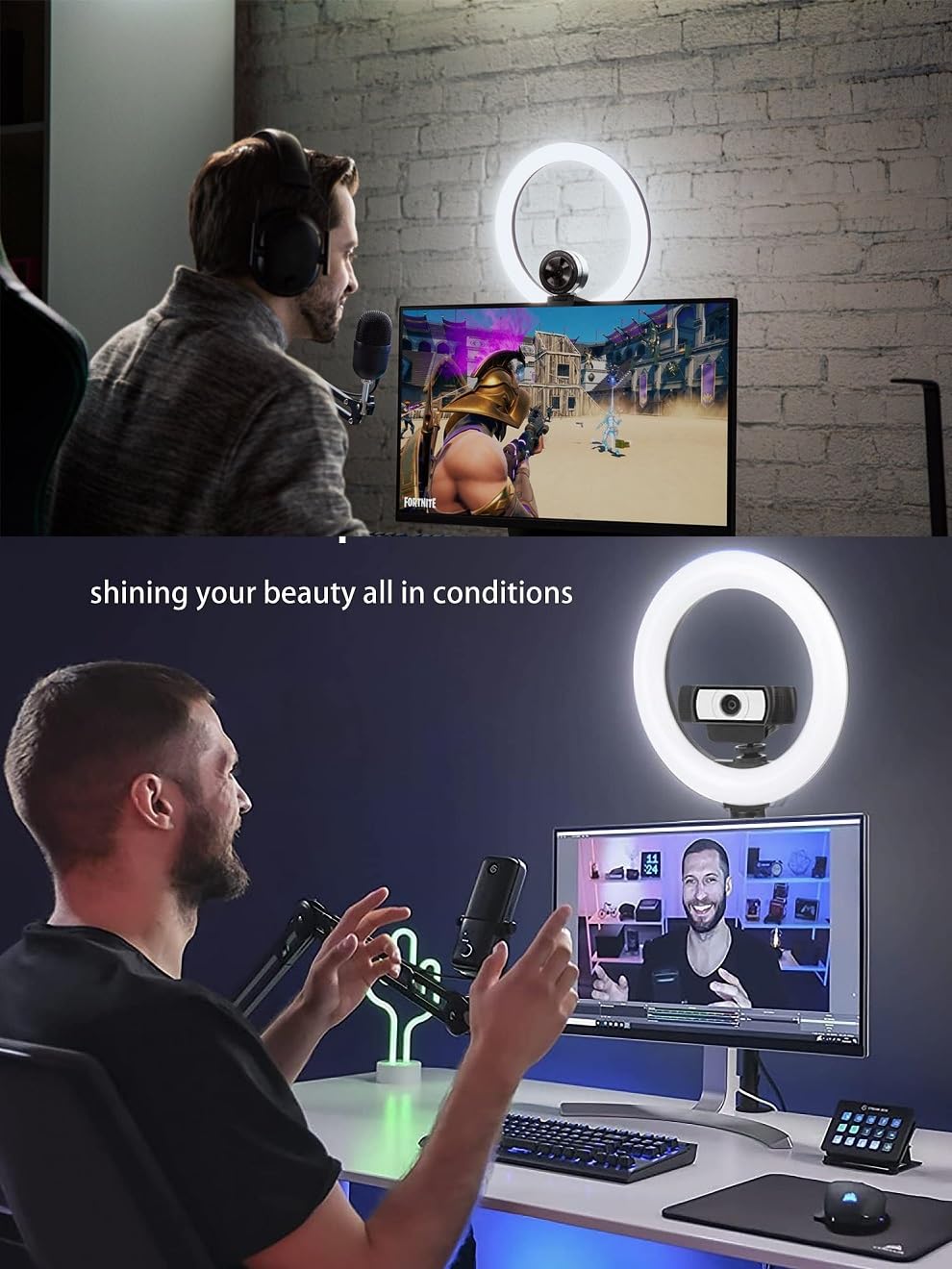 Facecam - Supporto per webcam ad anello, braccio pieghevole da 61 cm e luce per selfie da 26 cm, con gancio per cuffie, compatibile con webcam Elgato Facecam, Facecam pro