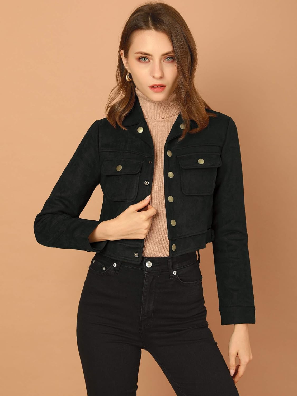 Allegra K Women's Faux Suede Jacket Button Down Collar Pockets Crop Moto Biker Coat - Image 3