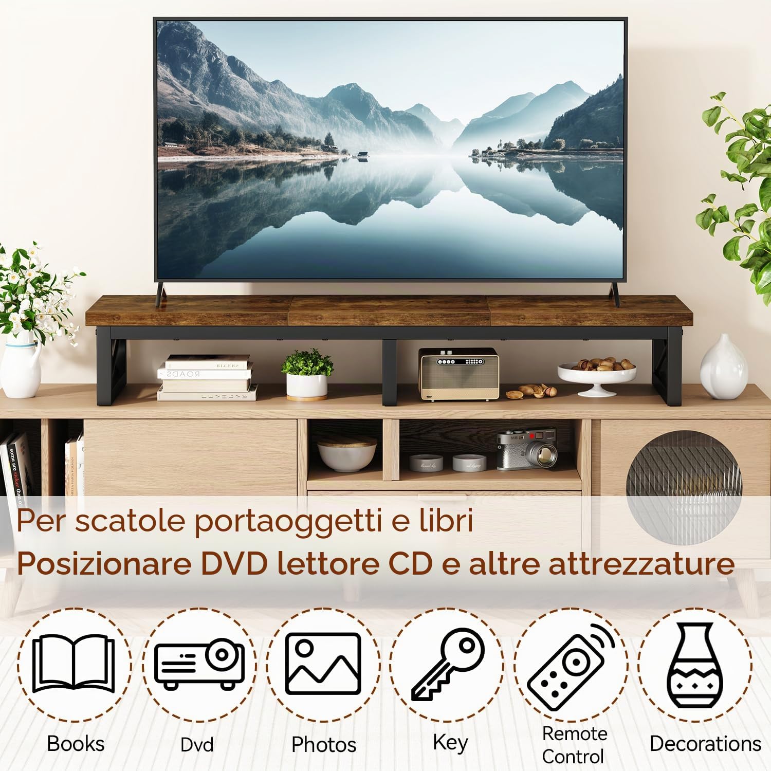 IBUYKE Mobile TV da 32-60 inch TV, Mobiletto Basso per TV a 2 Ripiani,scrivania per ufficio a doppio schermo,Mobile TV per Soggiorno e Camera da Letto,Marrone rustico TVT002H