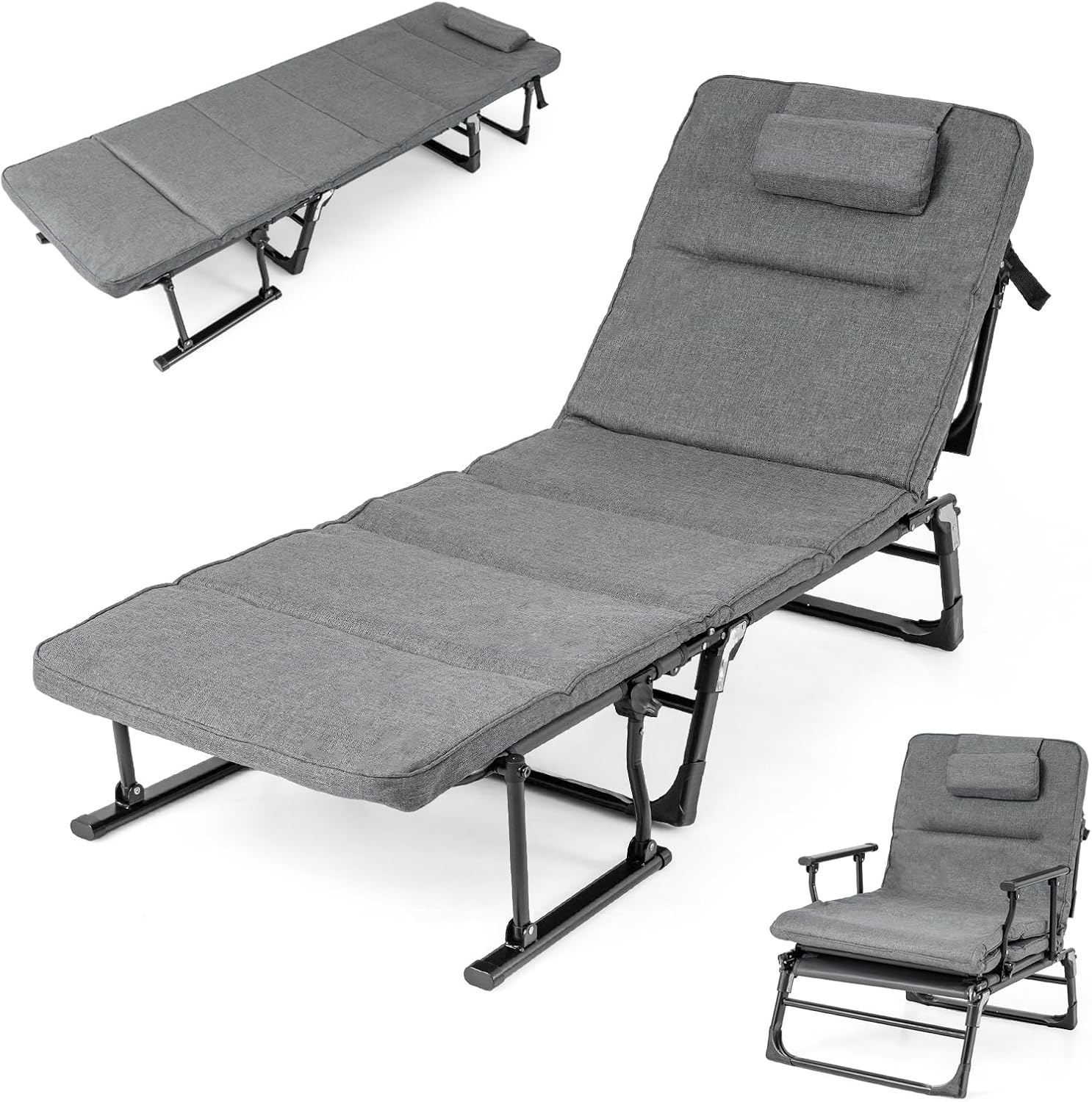 KOTEK Chaise Lounge Chair, 6-Position Folding Camping Cot with Padded Mattress, Pillow, Adjustable Camp Cot Bed for Outdoor/Indoor, Backyard, Garden, Patio, Beach, Pool or Office Use, Support 440 Lbs