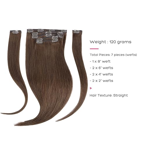 Miniatura 2 de Marat Extensiones de cabello humano con clip, color marrón chocolate, extensiones de cabello humano con clip, 14 pulgadas, 4.23 onzas