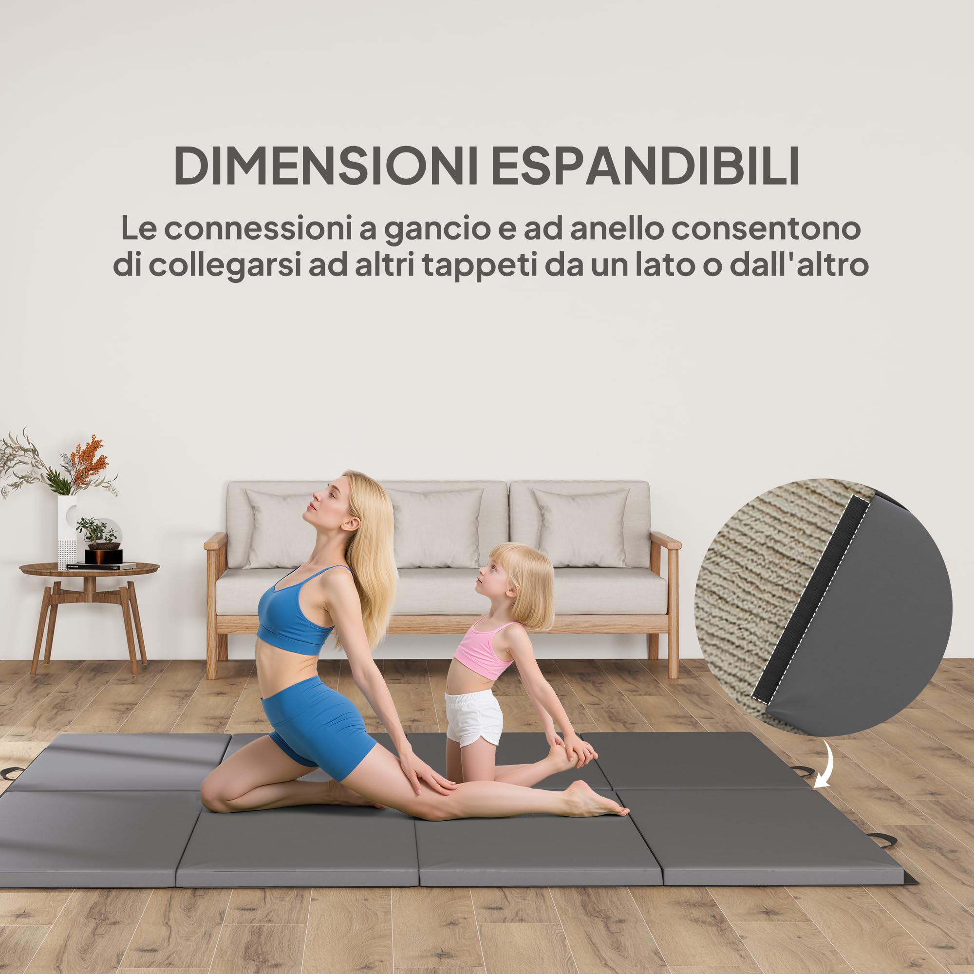 HOMCOM Tappetino da Ginnastica Pieghevole, Materassino Fitness Spesso 5 cm e Antiscivolo, Tappeto da Palestra Salvaspazio con Maniglia per Yoga e Pilates, Grigio