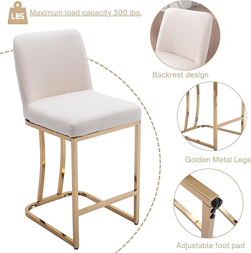 Miniatura 4 de Juego de 2 taburetes de bar modernos dorados de lino con patas doradas, sillas de isla tapizadas de cocina con respaldo para isla de bar, isla de