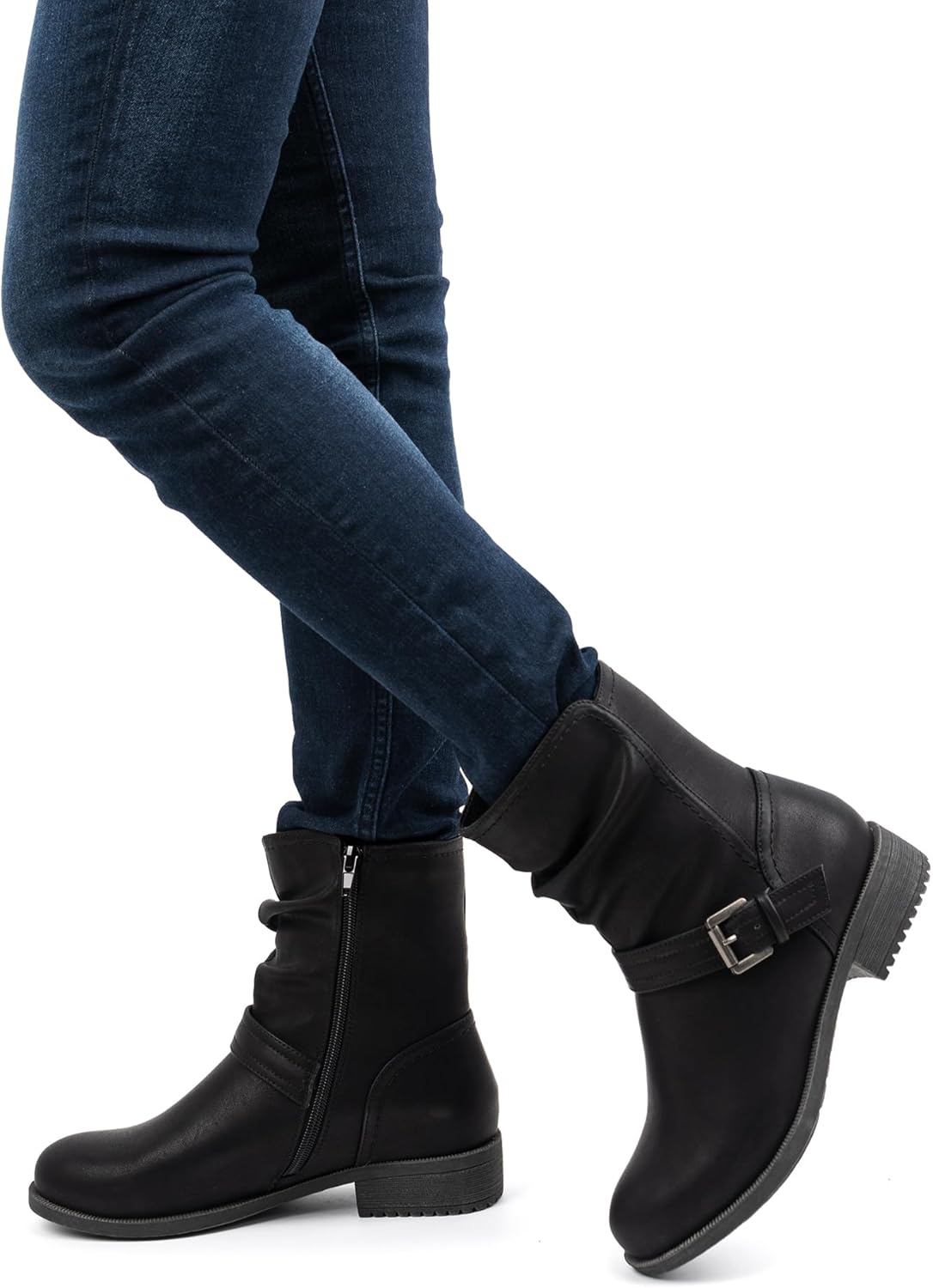 VJH confort Women's Mid Calf Boots, Comfort Buckle Slouchy Booties with Side Zipper - Image 2