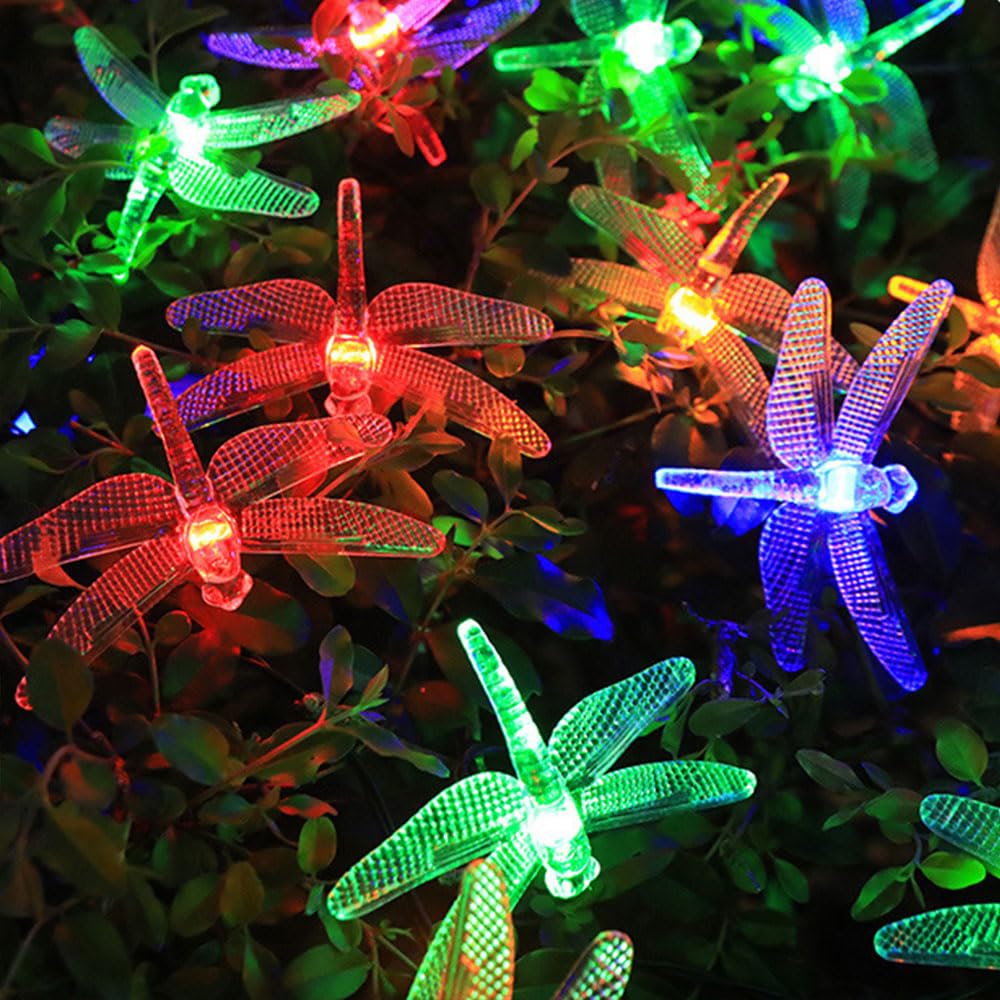 Treer Solar Powered Garden Lights, Solar Outdoor Dragonfly Fairy Lights, Outside IP55 Waterproof Garden Ornaments Outdoor LED String Lighting for Patio Yard Party Wedding (Colorful,6M, 30 Lights)