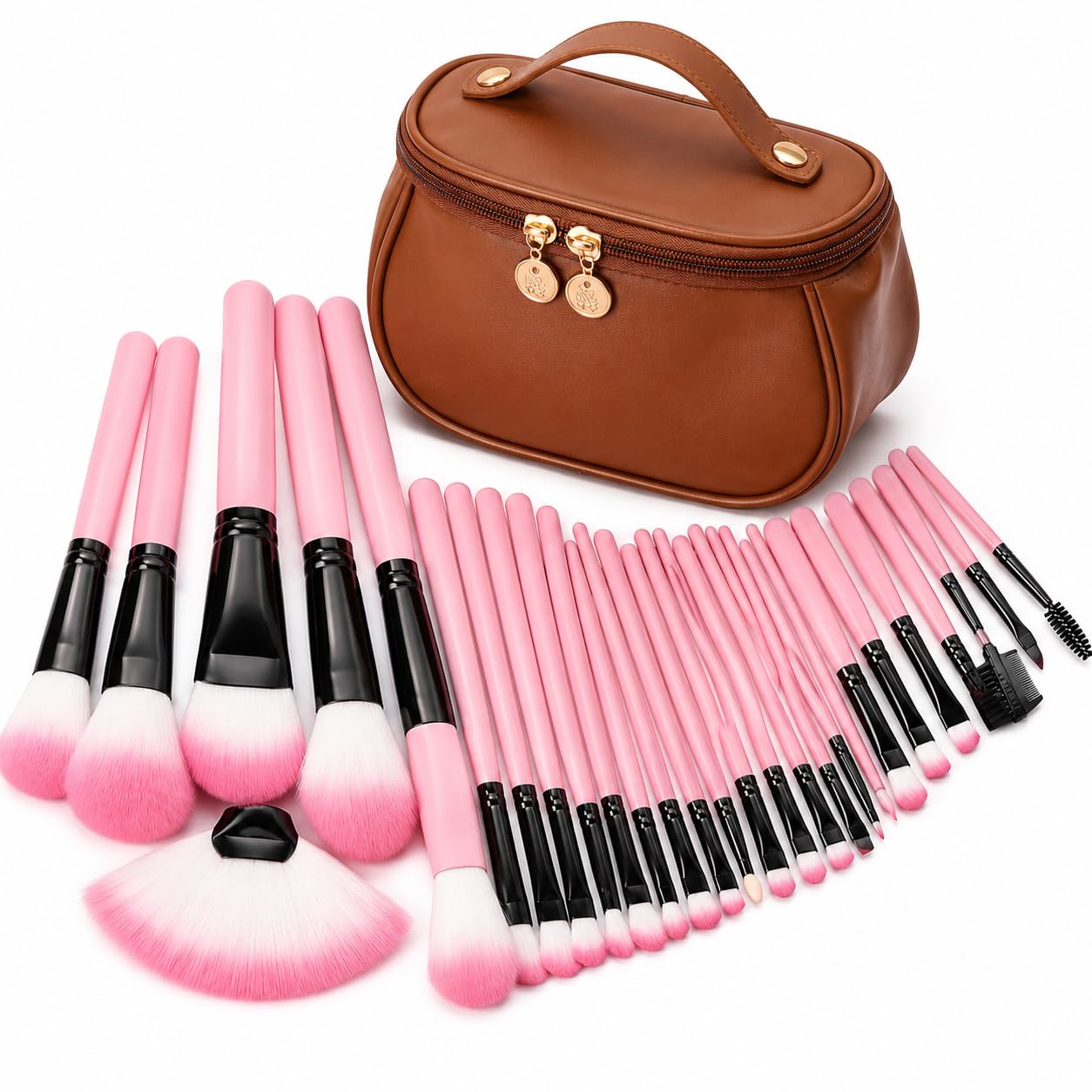 Professional Makeup Brush Set with Storage Pouch Complete Face & Eye Brush Kit for Foundation, Powder, Blush, Contour, Eyeshadow & Blending Black Brushes with Brown Case-image-47
