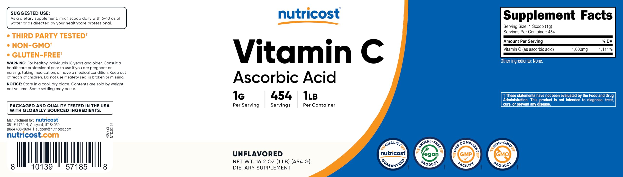 Nutricost Pure Ascorbic Acid Powder (1LB) Unflavored, Vitamin C Powder — Amazon image 6