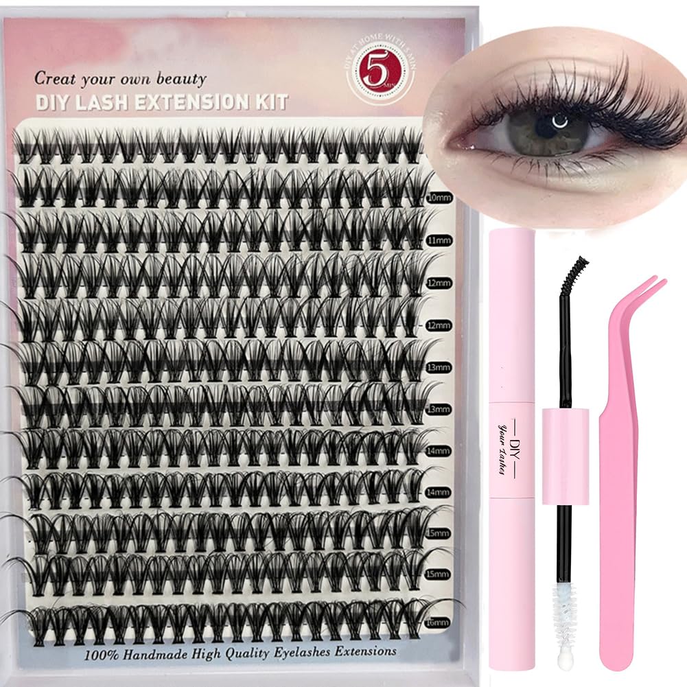 OBABO DIY Eyelash Extension Kit, Individual Lashes Cluster D Curl, 9-16mm Mix Lash Clusters with Lash Bond and Seal and Lash Applicator Tool for Self Application at Home