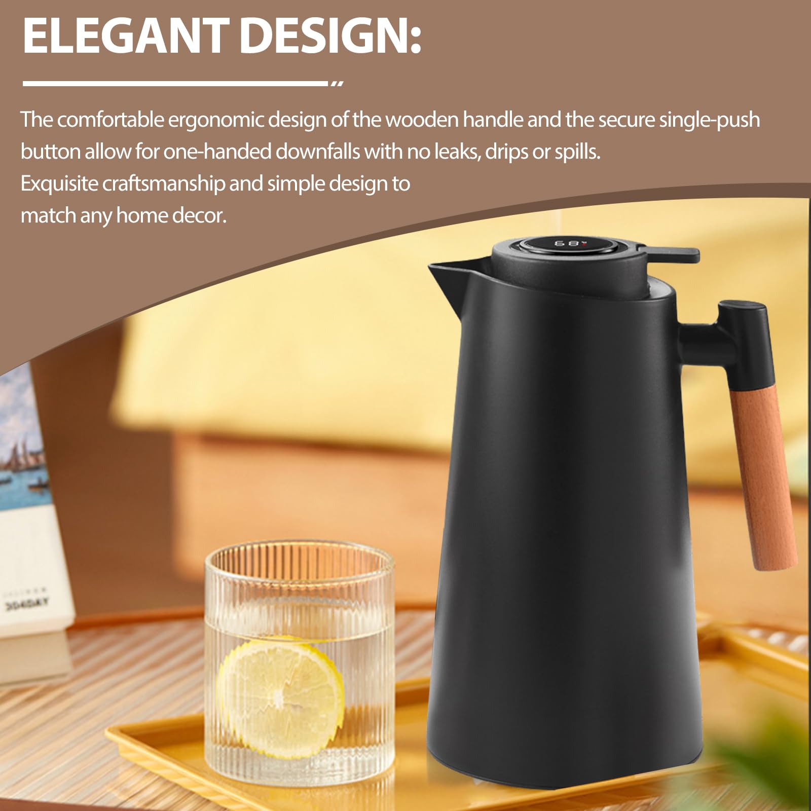 Thermoskanne 1L, Tee Thermoskanne mit Temperaturanzeige, Kaffeekanne Thermo mit Holzgriff, Isolierkanne mit Einfachem Sicherheitstaster, Teekanne Thermo, Thermosflasche Für Home Office Hotel, Schwarz