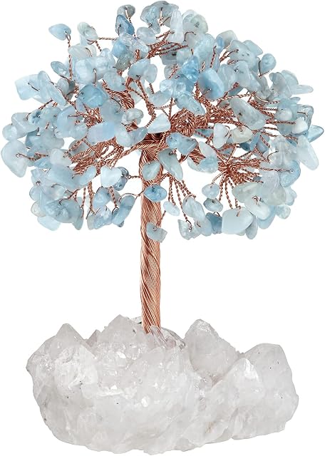 Nupuyai Aquamarine Crystal Money Tree with Rock Crystal Cluster Base, Good Luck Fengshui Figurine Spiritual Healing Stone Tree Ornament for Home Office Decor