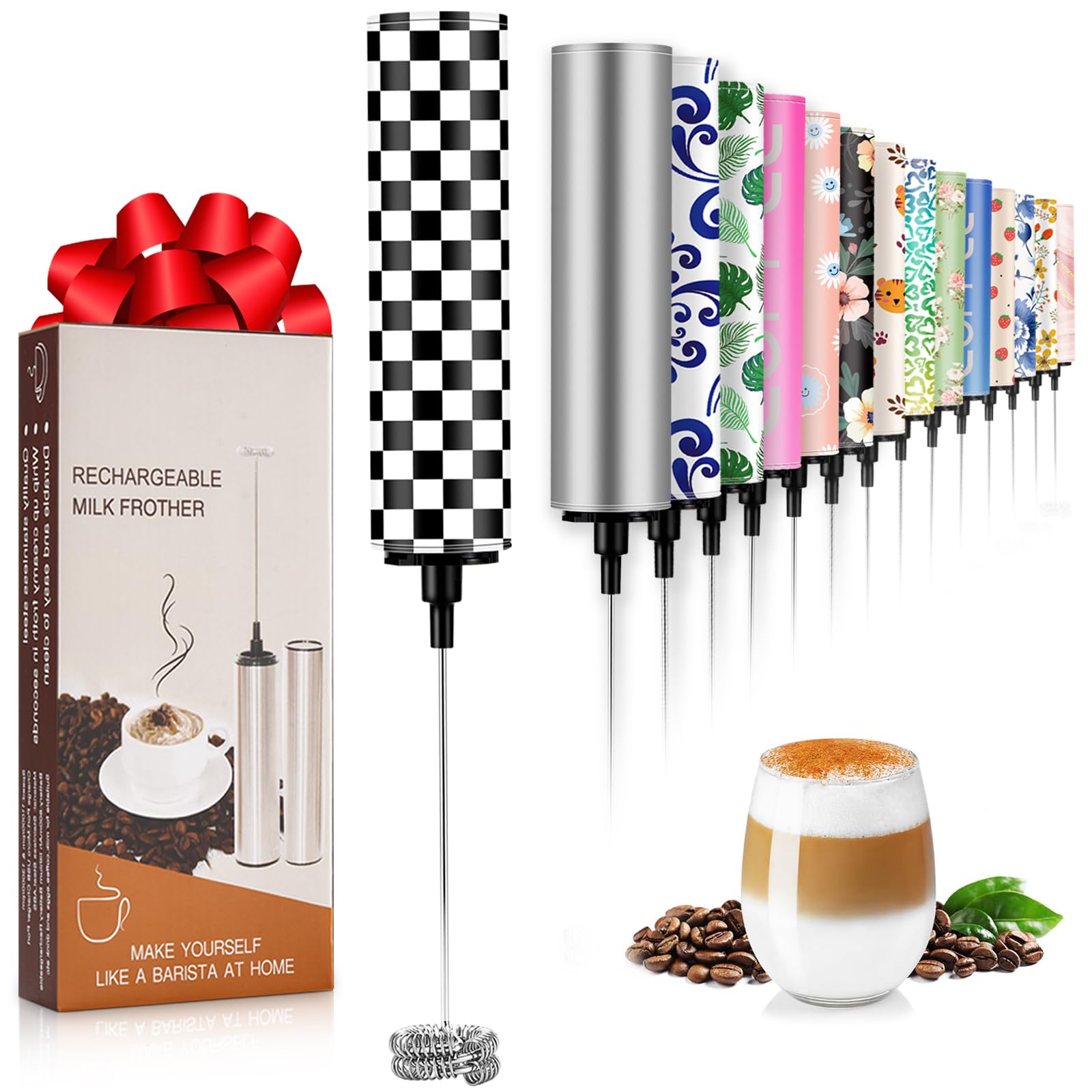 Milk Frother Handheld Rechargeable - 2-Speed Electric Whisk with 5 Detachable Heads (Frother/Mixer/Whisk) for Coffee, Latte, Cappuccino &amp; Matcha, Drink Mixer (Flower 4)