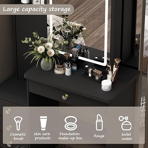 Miniatura 10 de Hitow Juego de escritorio de tocador con espejo deslizante, tocador de maquillaje con cajón y estante, tocador con taburete de cojín, juego de