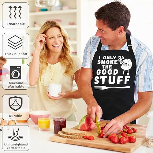 Miniatura 5 de Delantales divertidos para hombres, delantal de barbacoa para papá con 2 bolsillos, correa ajustable para el cuello, delantales de cocina,