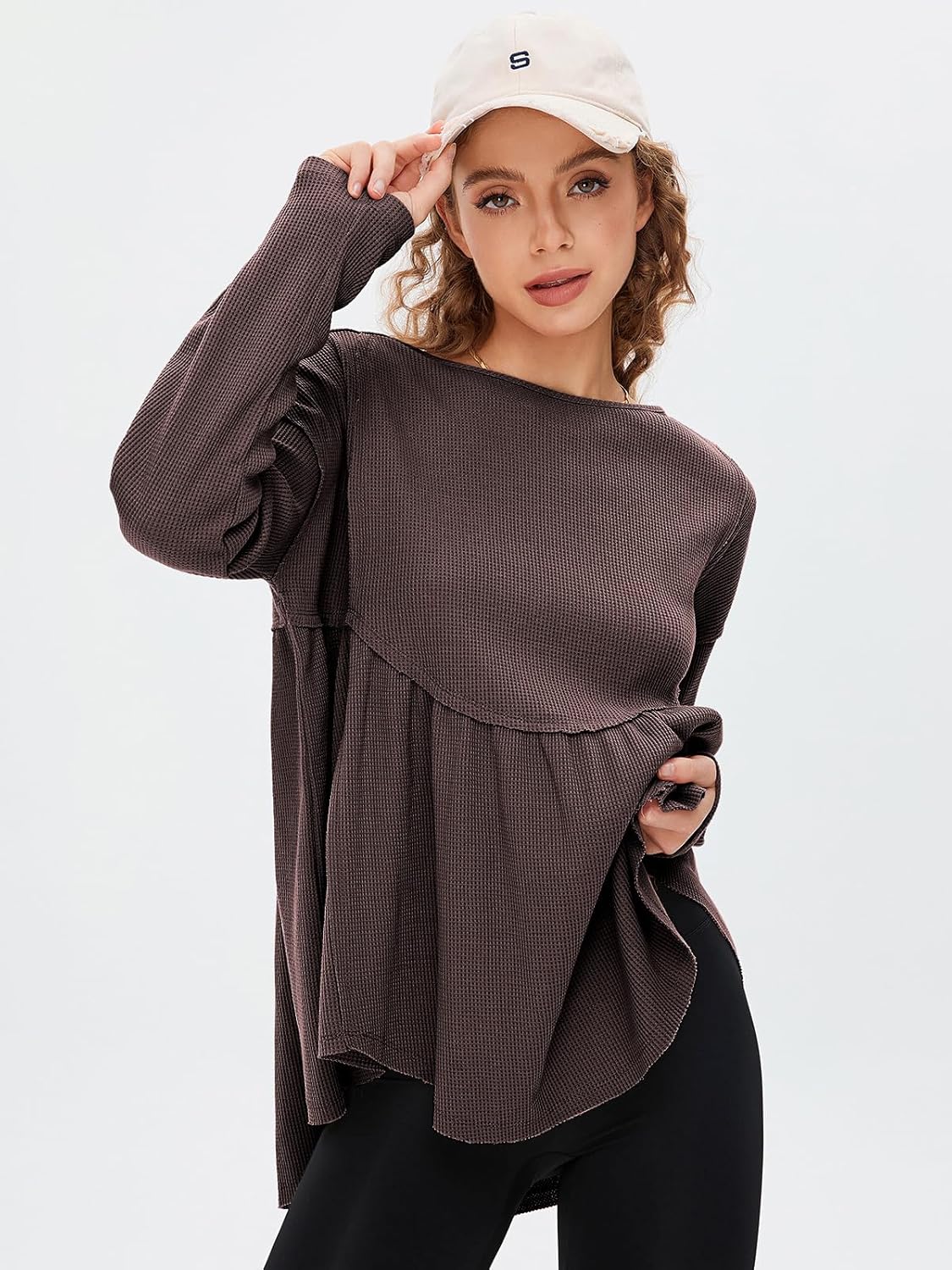 EXLURA Waffle Knit Long Sleeve Shirts for Womens Crewneck Loose Babydoll Tunic Tops Maternity Top Spring Fall Fashion Outfits - Image 6