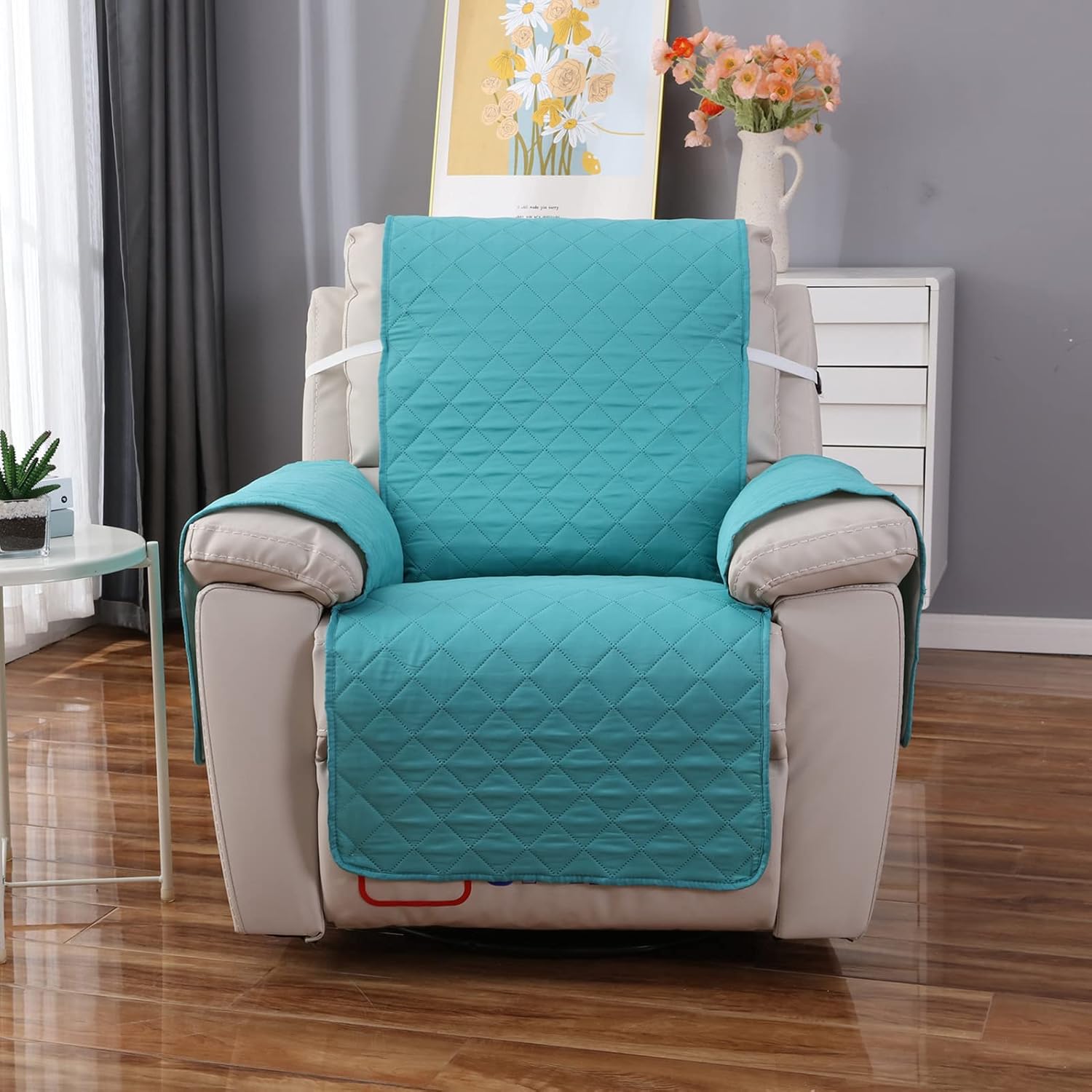 Recliner Chair Cover Reversible Quilted Reclining Sofa Slipcover Armchair Cover Furniture Protector with Elastic Straps (Teal)