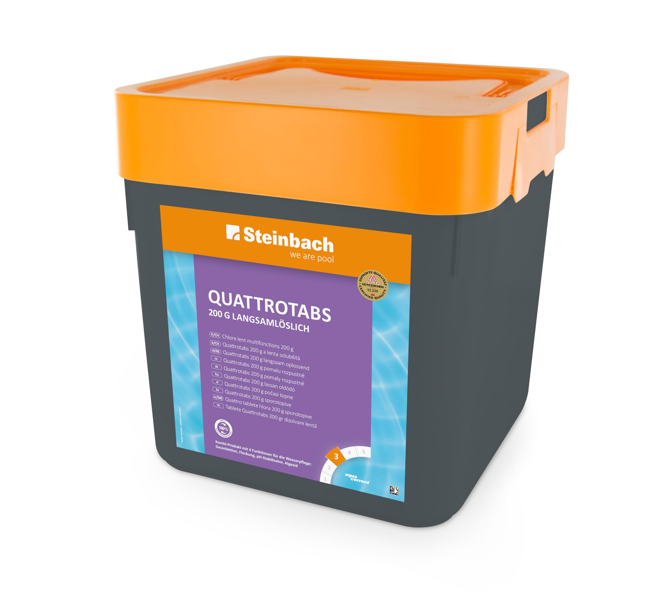 Steinbach Poolpflege Quattrotabs 200 g langsamlöslich - 0752605TV00-5 kg - 4-in-1 Chlortabletten mit Flockungsmittel - pH-Stabilisator & Algenverhütung - Multifunktionstabletten