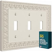 Rio Salto Ivory Beige Light Switch Cover Toggle Flip Switch 3 Gang Ornate Decorative Premium Triple Toggle Metal Wall Plate Laurel Collection, Midsize 6.94" x 5.00"
