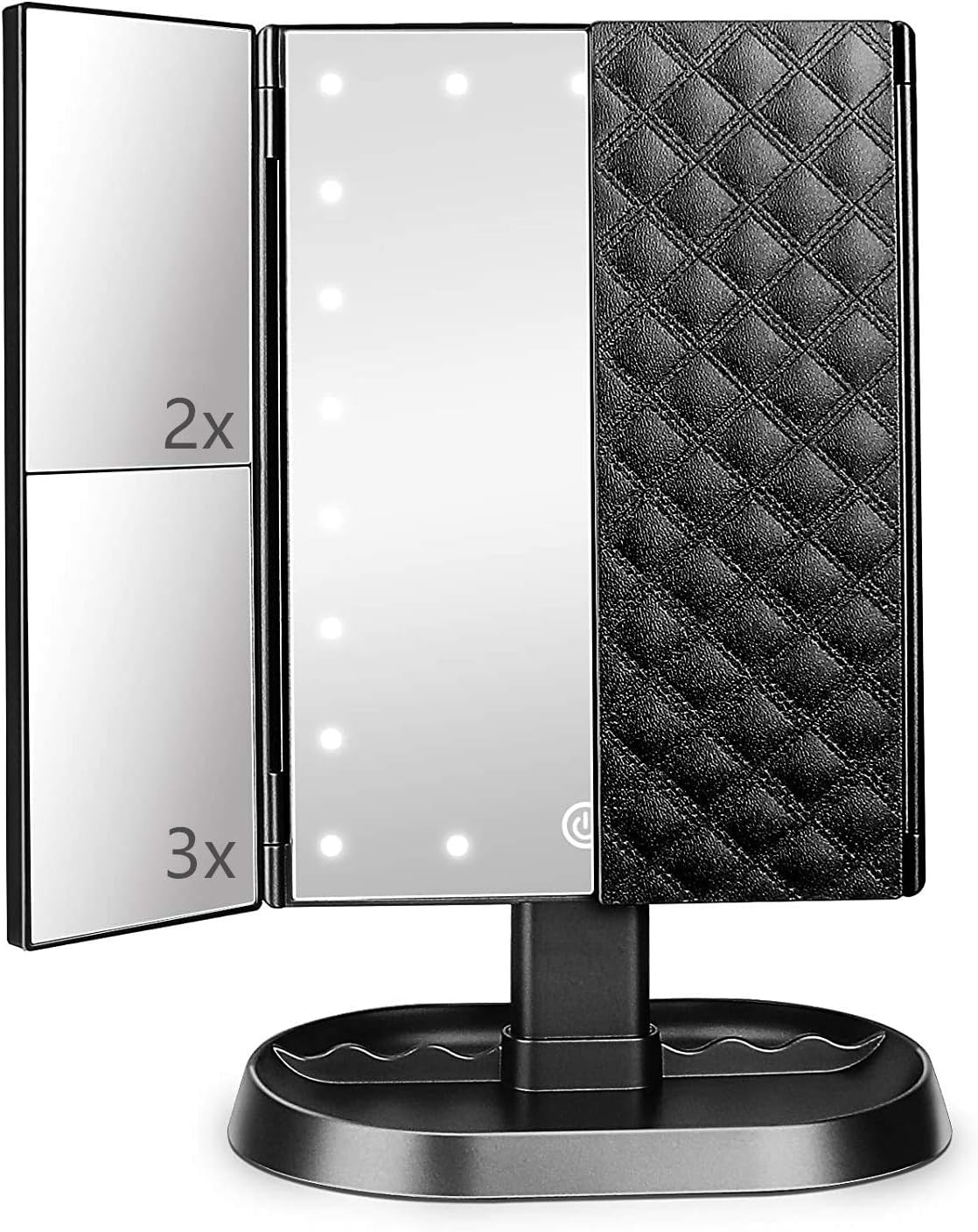 Flymiro Makeup Mirror Vanity Mirror with Lights,1x/ 2X /3X Magnification,Trifold Mirror with 21 Led Lights,Touch Screen,Dual Power Supply,Portable High Definition Cosmetic Lighted Up Mirror (Black)