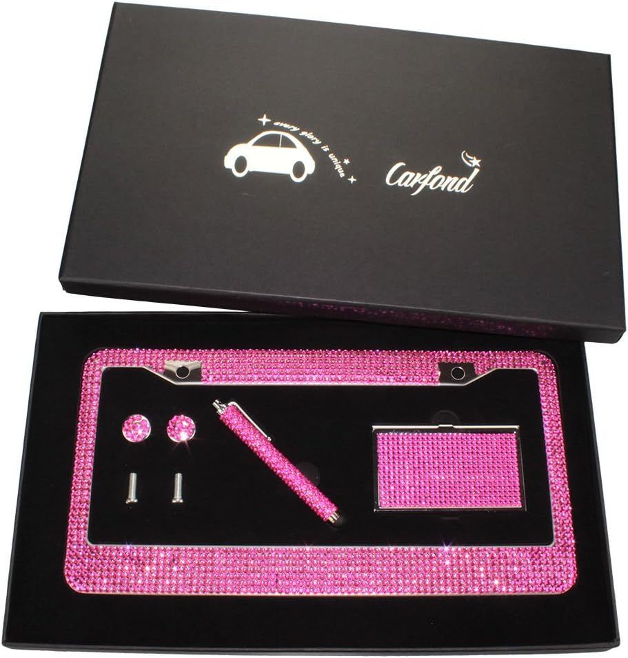 Carfond 2 Pack Handcrafted 1000+ pcs Finest 14 Facets SS20 Premium Crystal Waterproof Stainless Steel License Plate Frame Anti-Theft Screws Caps (Hot Pink Gift Set)
