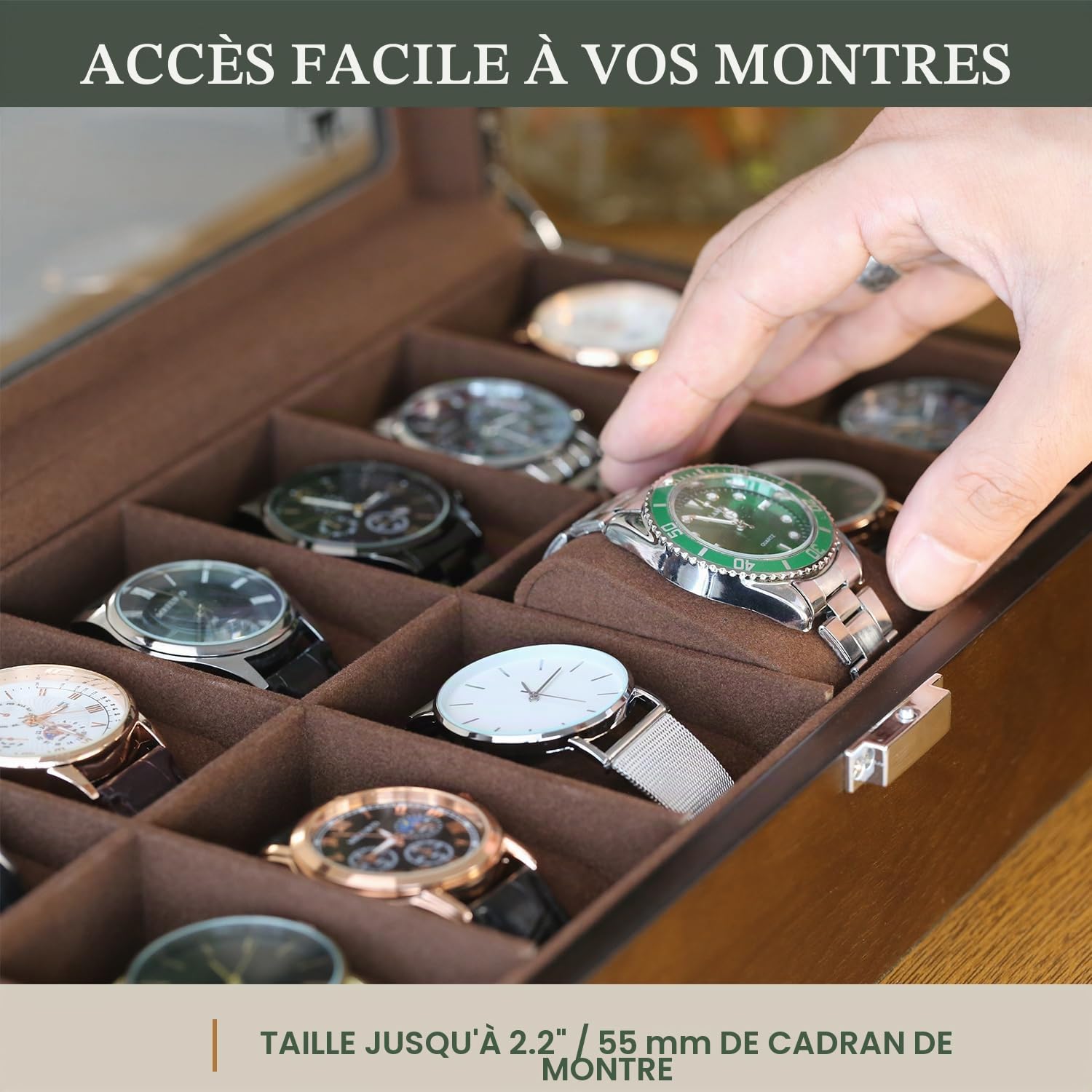 Slege Boîte à Montres en Bois,Boîte de Rangement pour 12 Montres-Cave à Montre pour Homme et Femme - Boîte à bijoux avec couvercle en verre,Support de montre,Watch Box Cadeaux(Marron)