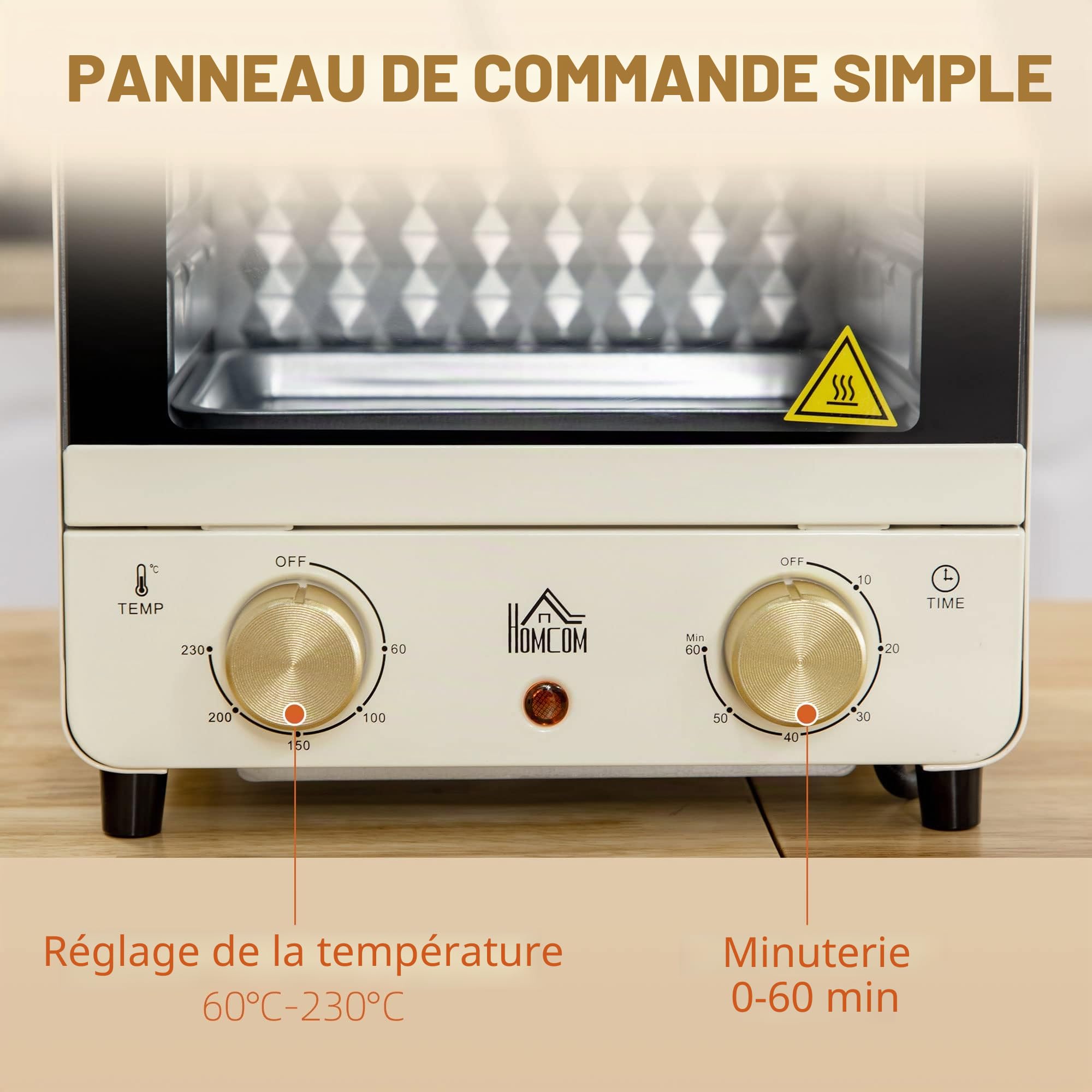 HOMCOM Mini-four 15L, Four à pizza 1000 W Mini-four électrique y compris jeu de plaques de cuisson, plateau ramasse-miettes, minuterie 1 heure, 60-230℃, blanc crème