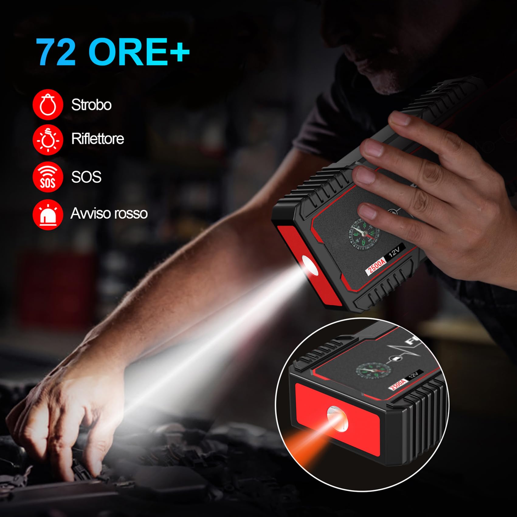 FOWAWU Avviatore Batteria,22800mAh 2500A Avviatore di Emergenza per Auto,Moto(8.0L Gas o 6.5L Diesel), Starter Batteria Auto con Smart-Clip Può Emettere DC 12V