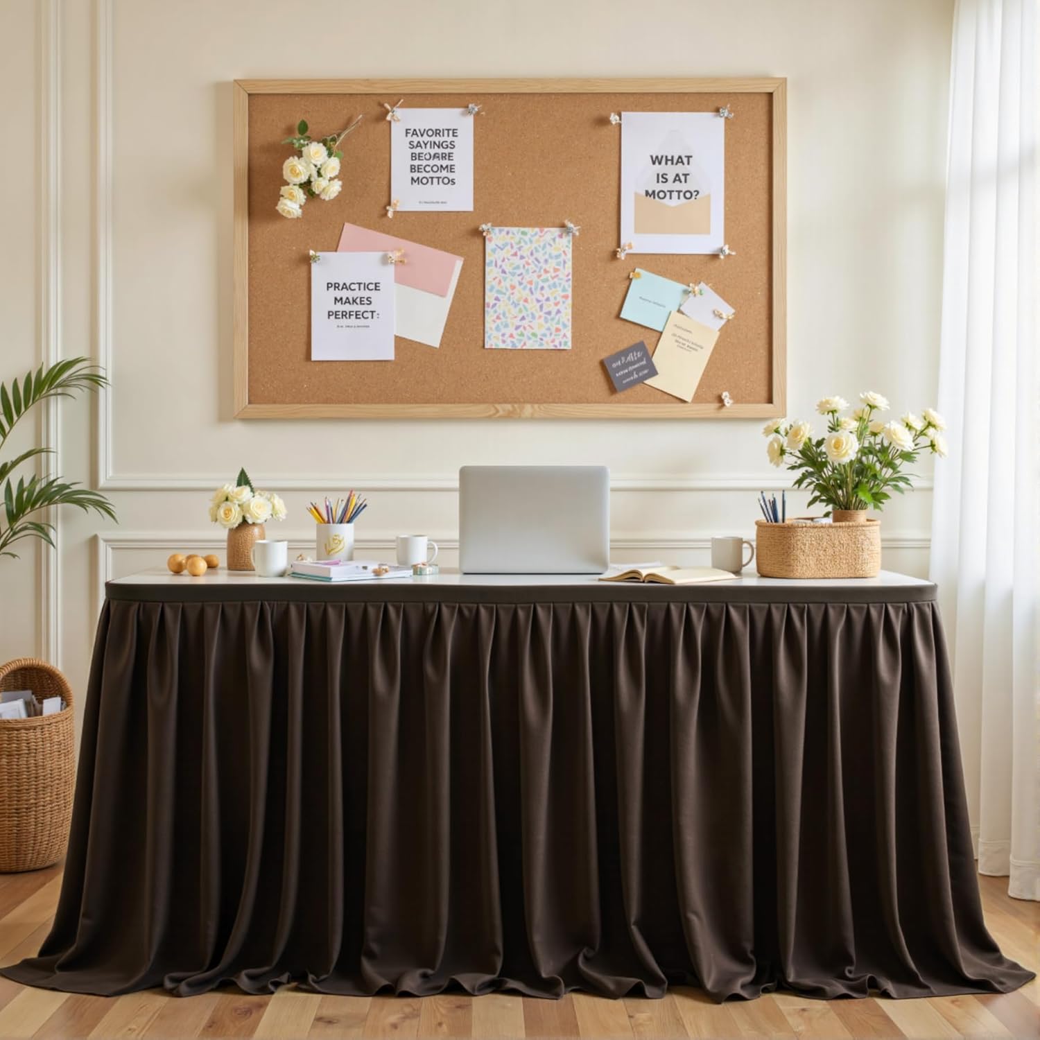 Brown Table Skirt for Rectangle Tables 9ft Desk Skirt for Teacher Desk Classroom Ruffle Polyester Fabric Desk Skirts for Bridal Baby Shower Birthday Party Graduation Banquet Wedding, 2Pack