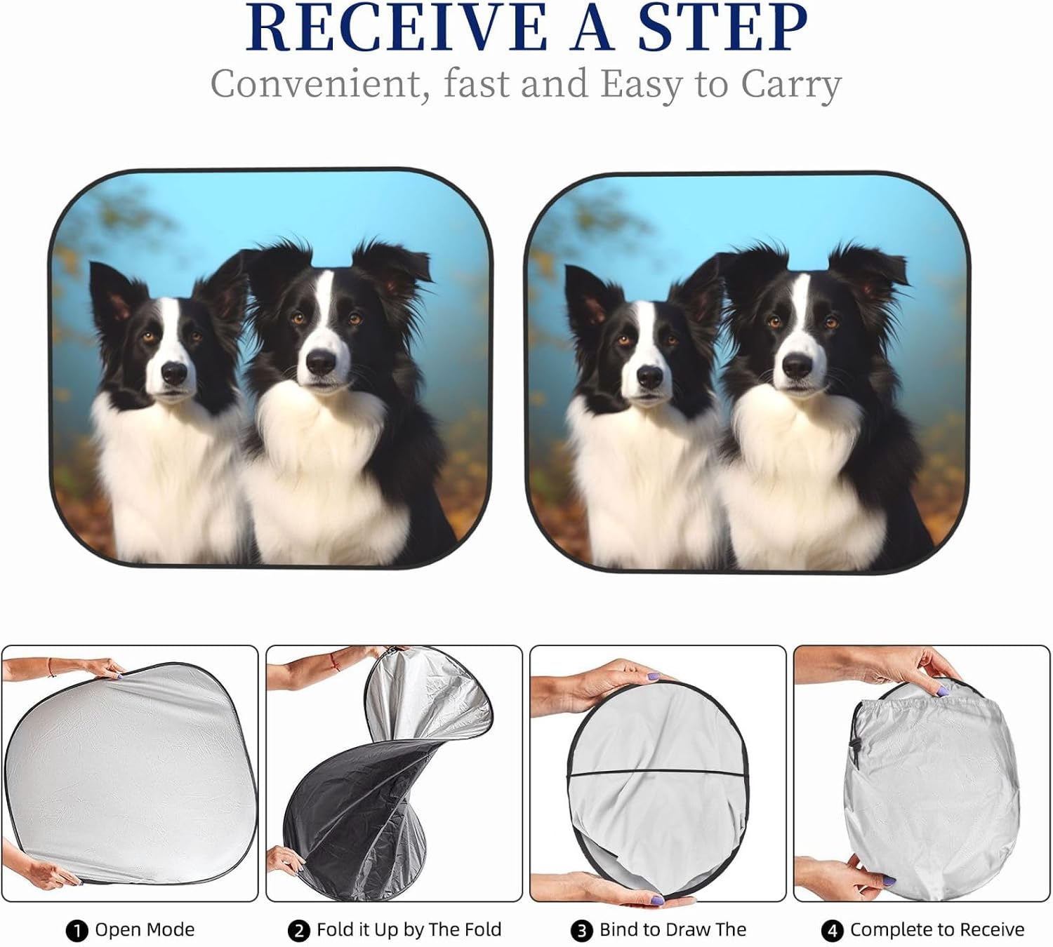Windshield Sun Shade for Car Border Collie Print Foldable 2 Piece Car Sunshades