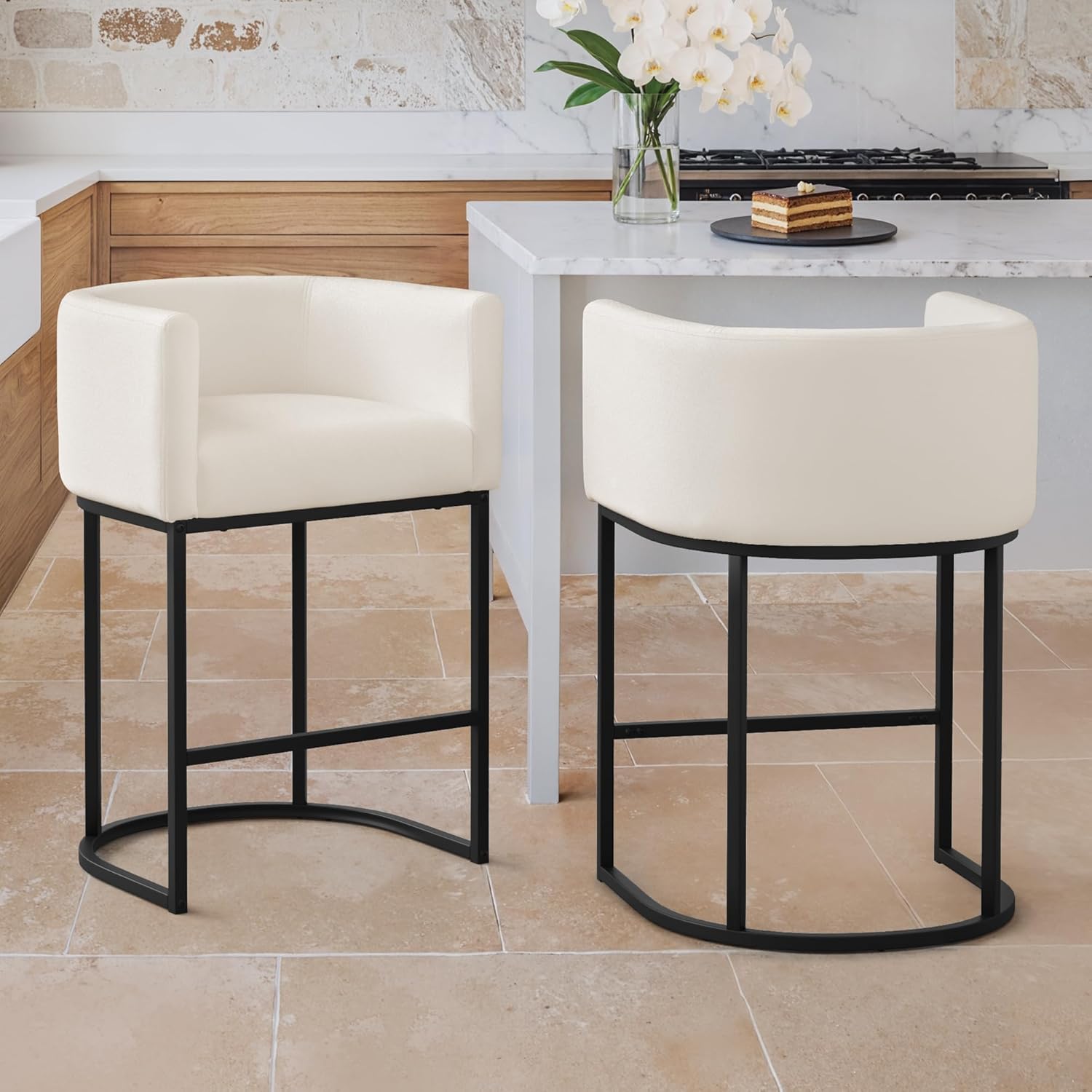 LUE BONA 27" H Counter Height Bar Stools Set of 2, Modern Barrel Counter Stools with Backrest and Arms, Black Metal Frames, Linen Fabric Upholstered Accent Barstools for Kitchen Island, Beige