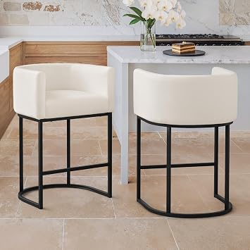 LUE BONA Counter Height Bar Stools Set of 2, Modern Barrel Counter Stools with Backrest and Arms, Black Metal Frames, Linen Fabric Upholstered Accent Barstools for Kitchen Island, Beige