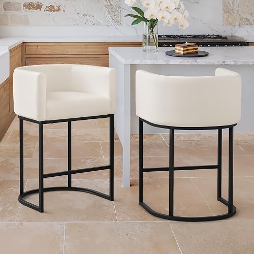 LUE BONA Counter Height Bar Stools Set of 2, Modern Barrel Counter Stools with Backrest and Arms, Black Metal Frames, Linen Fabric Upholstered Accent Barstools for Kitchen Island, Beige